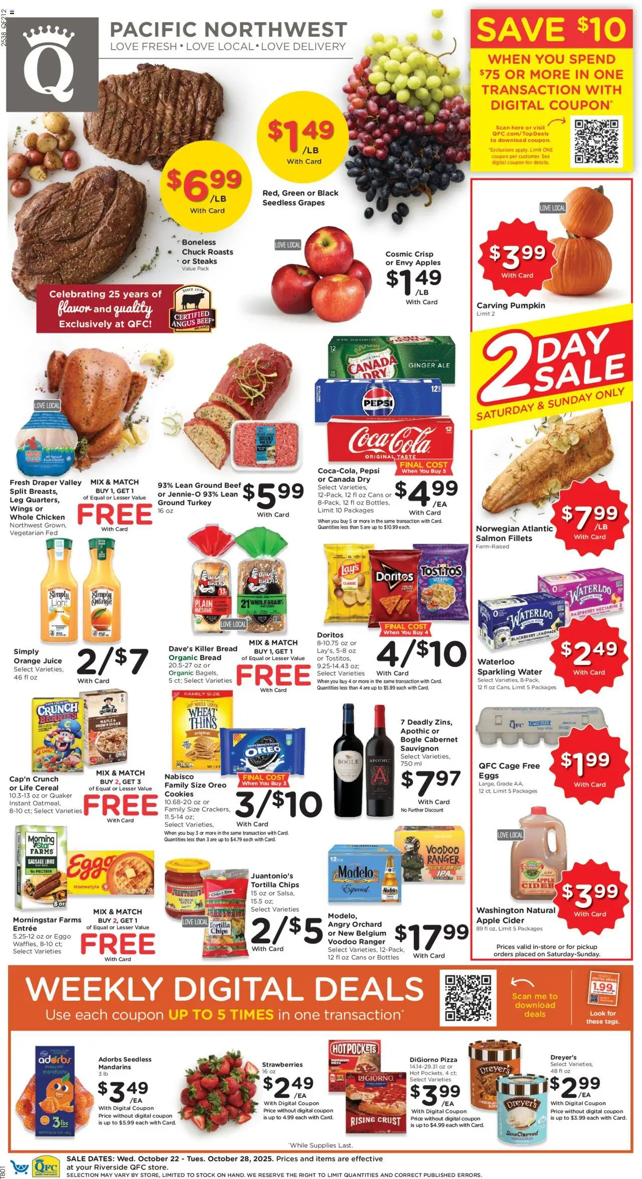 QFC Weekly Ad - WA - valid from 22.10.2025 | Page: 1 | Products: Eggs, Pizza, Cookies, Nectarine