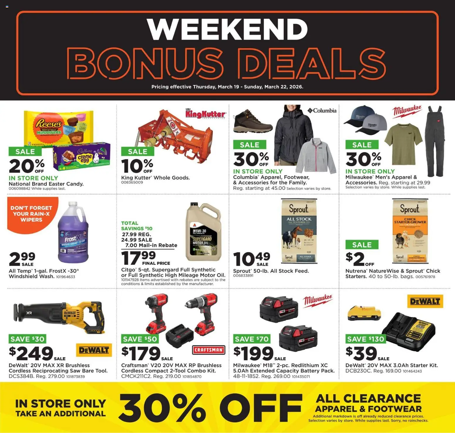 Mills Fleet Farm Weekly Ad - valid from 19.03.2026 | Page: 1 | Products: Battery, Oil, Windshield, Motor Oil
