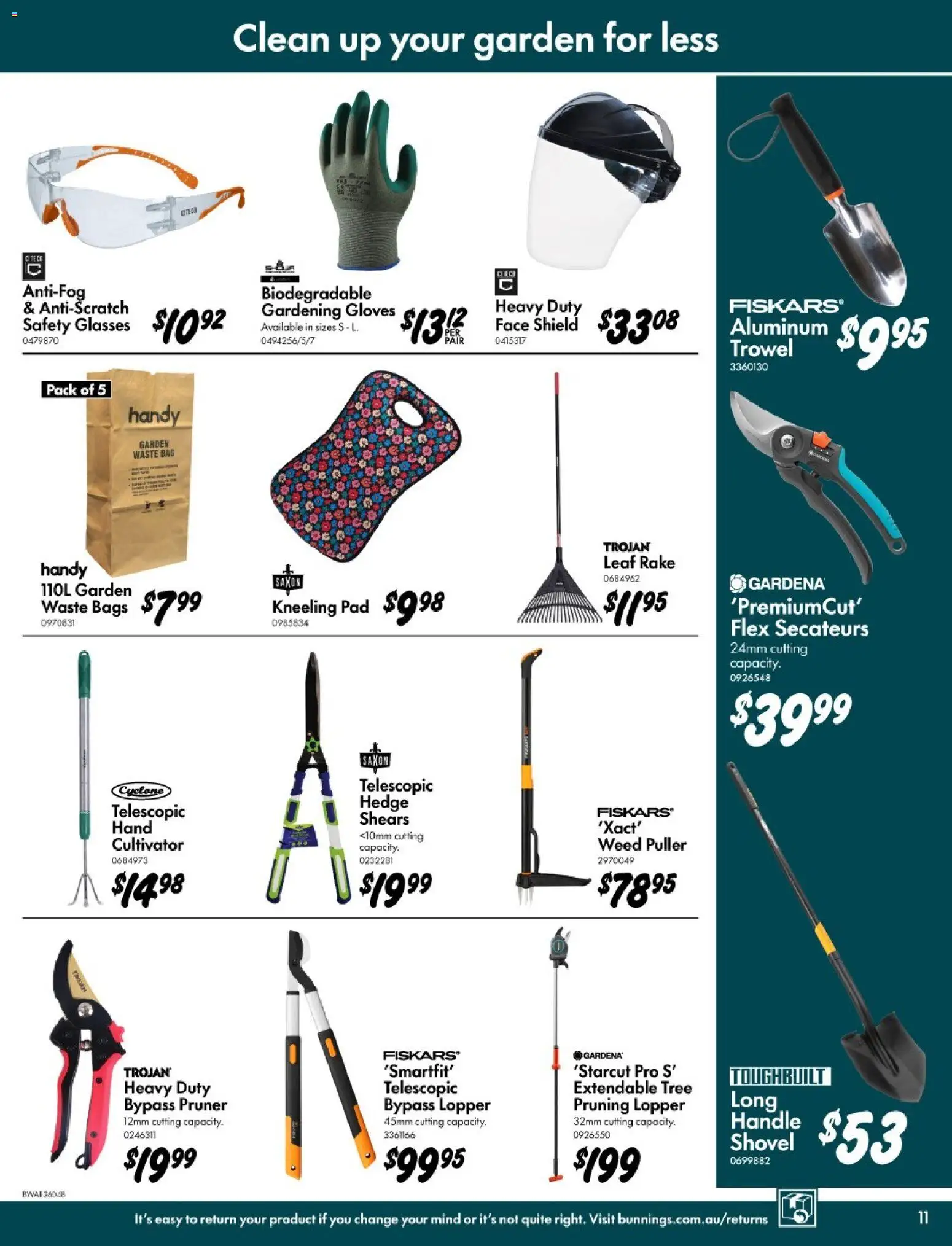 Bunnings Warehouse catalogue - valid from 11.03.2026 | Page: 11 | Products: Shovel, Weed, Glasses, Bag