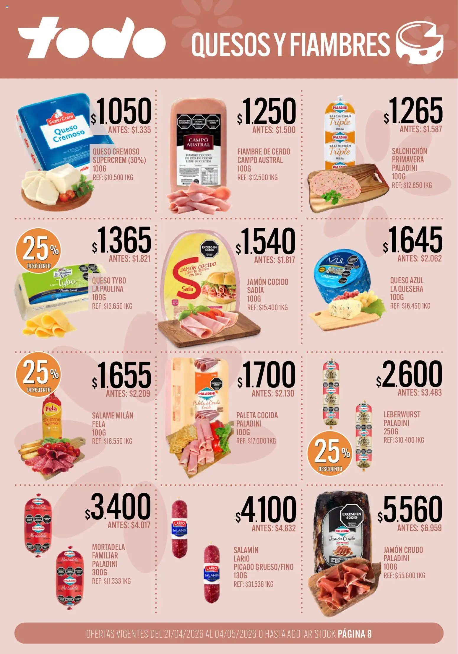 Supermercados TODO - Ofertas │ válido desde el 21.04.2026 | Página: 8 | Productos: Jamón cocido, Mortadela, Paleta, Cerdo