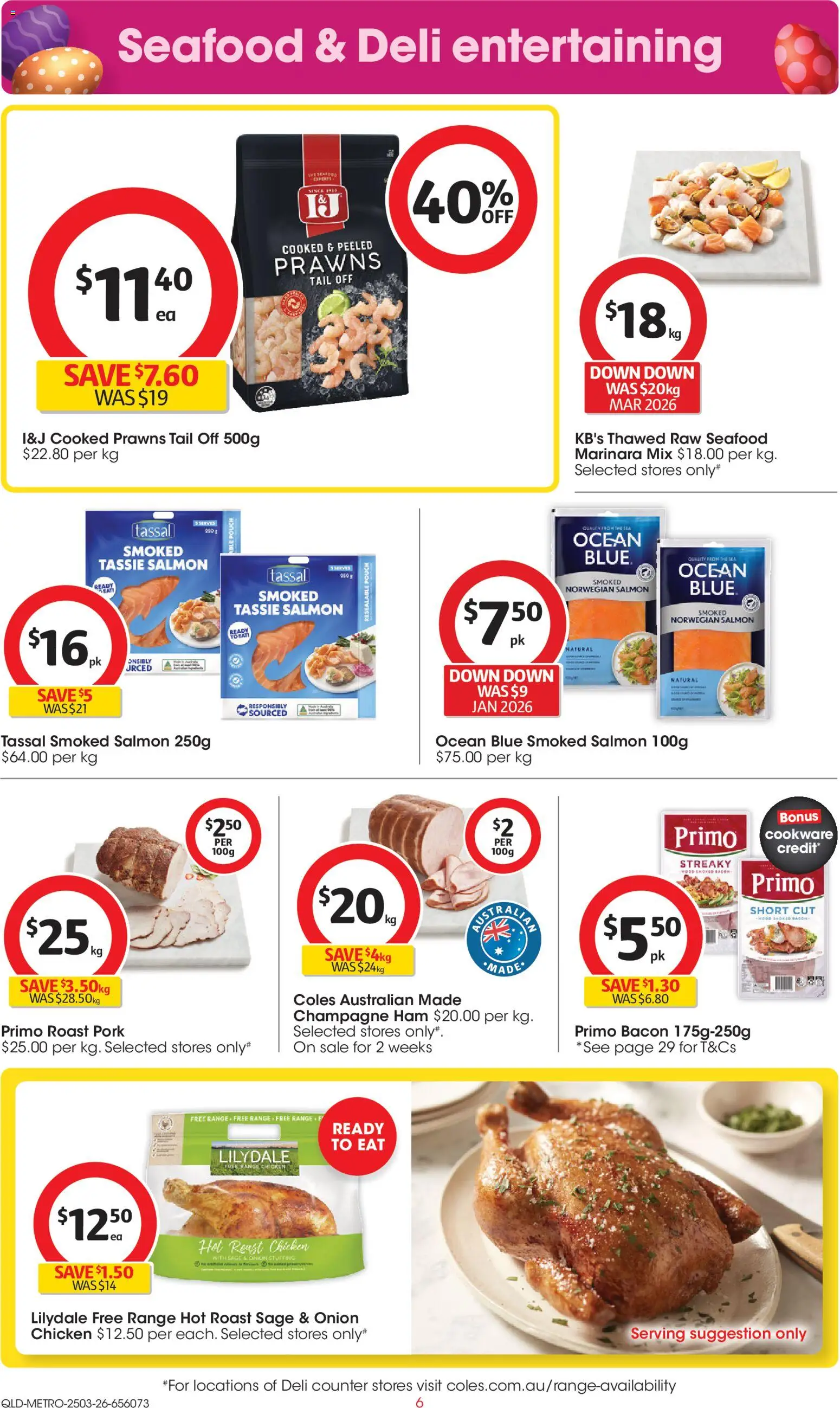 Coles catalogue - valid from 25.03.2026 | Page: 6 | Products: Bacon, Chicken, Prawns, Seafood