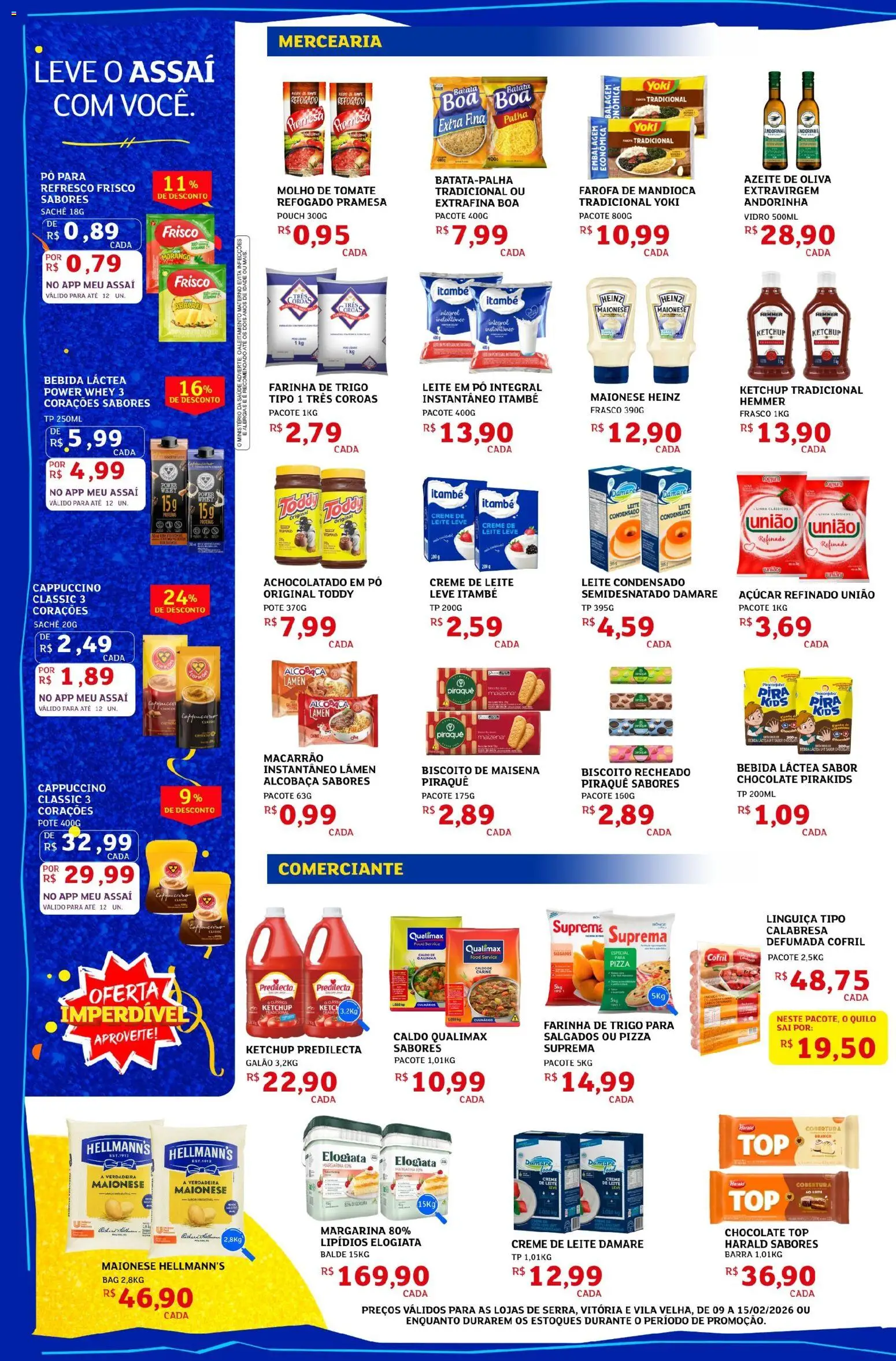 Assaí Atacadista Folheto - válido de 09.02.2026 | Página: 2 | Produtos: Mandioca, Molho de tomate, Linguiça, Açúcar