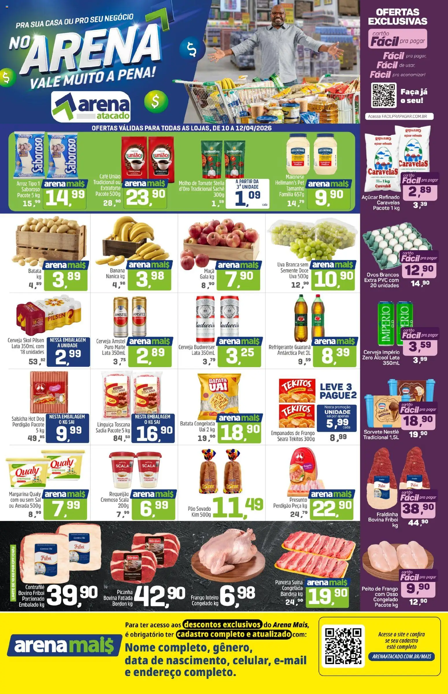 Arena Atacado Folheto - válido de 10.04.2026 | Página: 1 | Produtos: Linguiça, Arroz, Sal, Requeijão