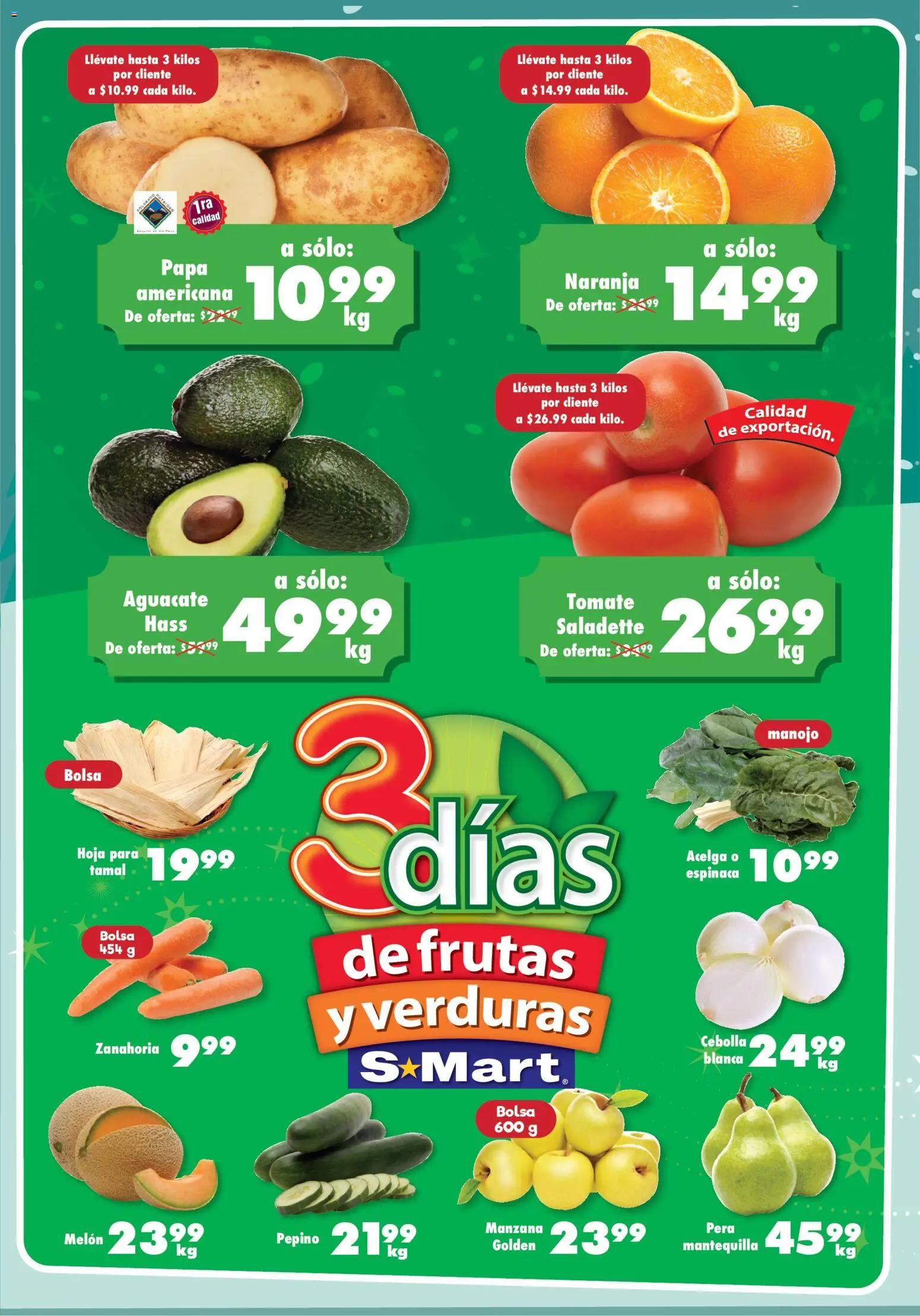 Nuevas ofertas de S-Mart válidas en toda la República Mexicana desde el 09.12.2025. ¡Encuentra las mejores ofertas en S-Mart folleto Juárez! | Página: 1 | Productos: Cebolla, Acelga, Pera, Bolsa
