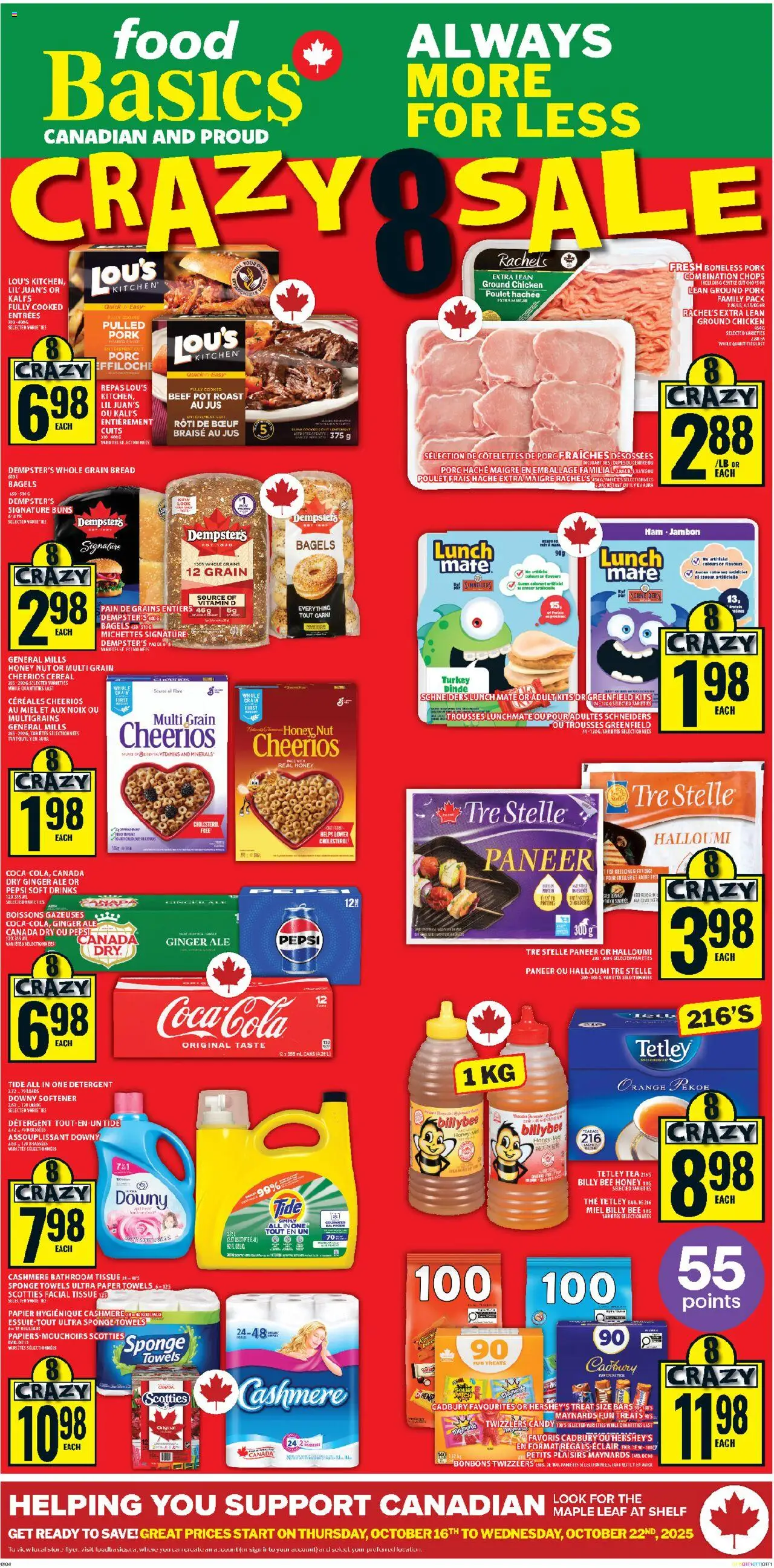 Food Basics flyer valid from 16.10.2025 | Page: 1 | Products: Sponge, Detergent, Bread, Pork