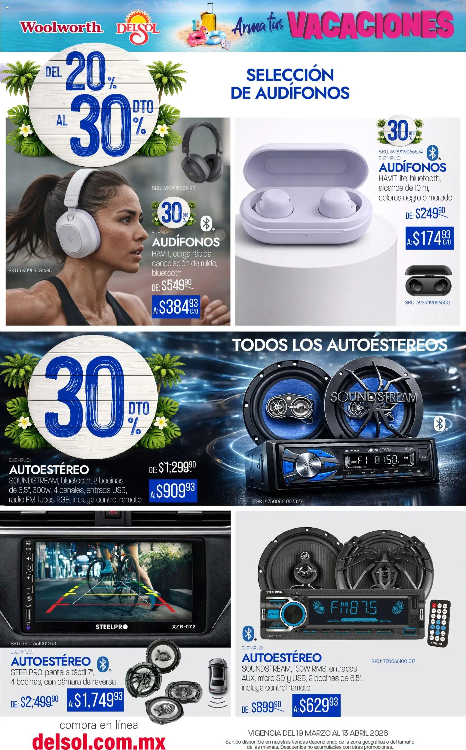 Nuevas ofertas de Del Sol y Woolworth catálogo Arma tus Vacaciones  válidas en toda la República Mexicana desde el 19.03.2026. ¡Encuentra las mejores ofertas en Del Sol y Woolworth catálogo Arma tus Vacaciones ! | Página: 26 | Productos: Radio, Micro SD, Audífonos, Control remoto