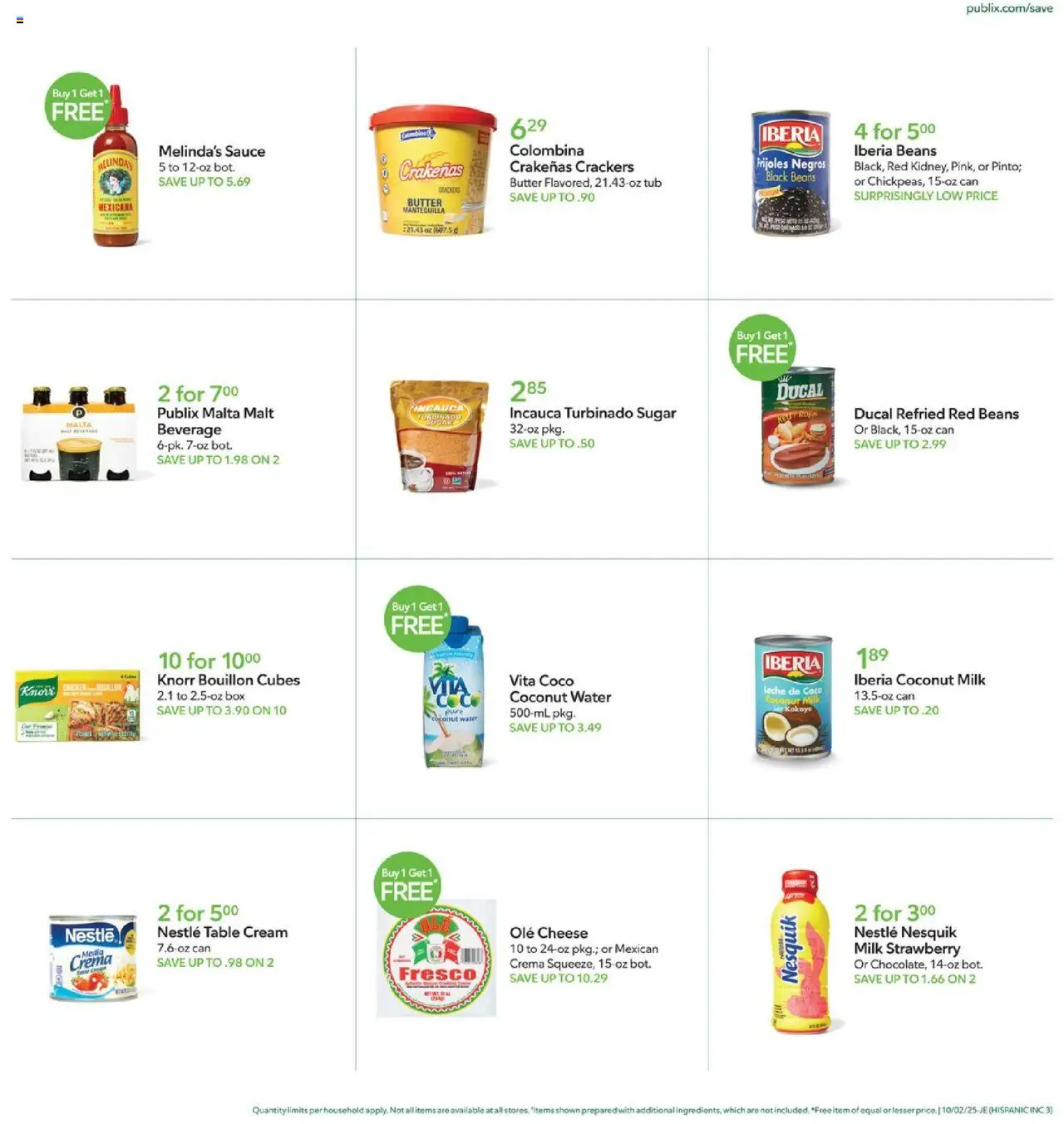 Publix Hispanic Ad - valid from 02.10.2025 | Page: 3 | Products: Box, Milk, Water, Sugar
