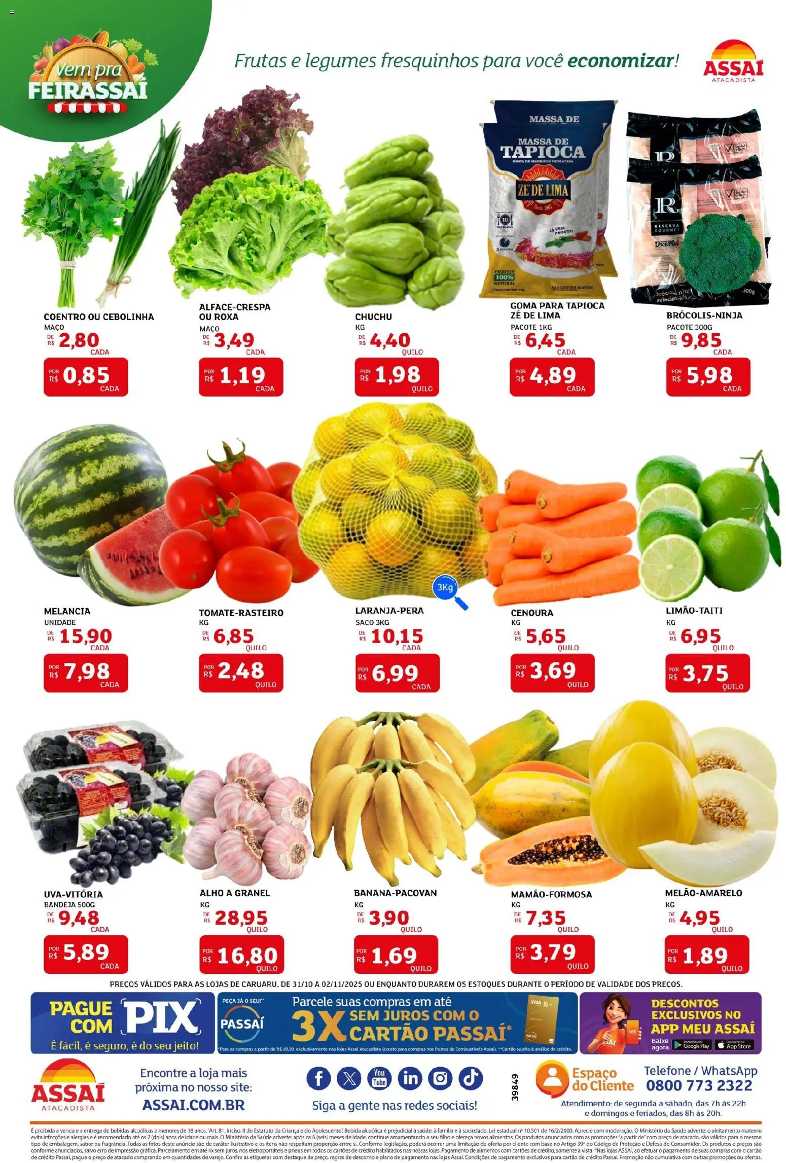 Assaí Atacadista Folheto - válido de 31.10.2025 | Página: 3 | Produtos: Alho, Tapioca, Bebida, Telefone