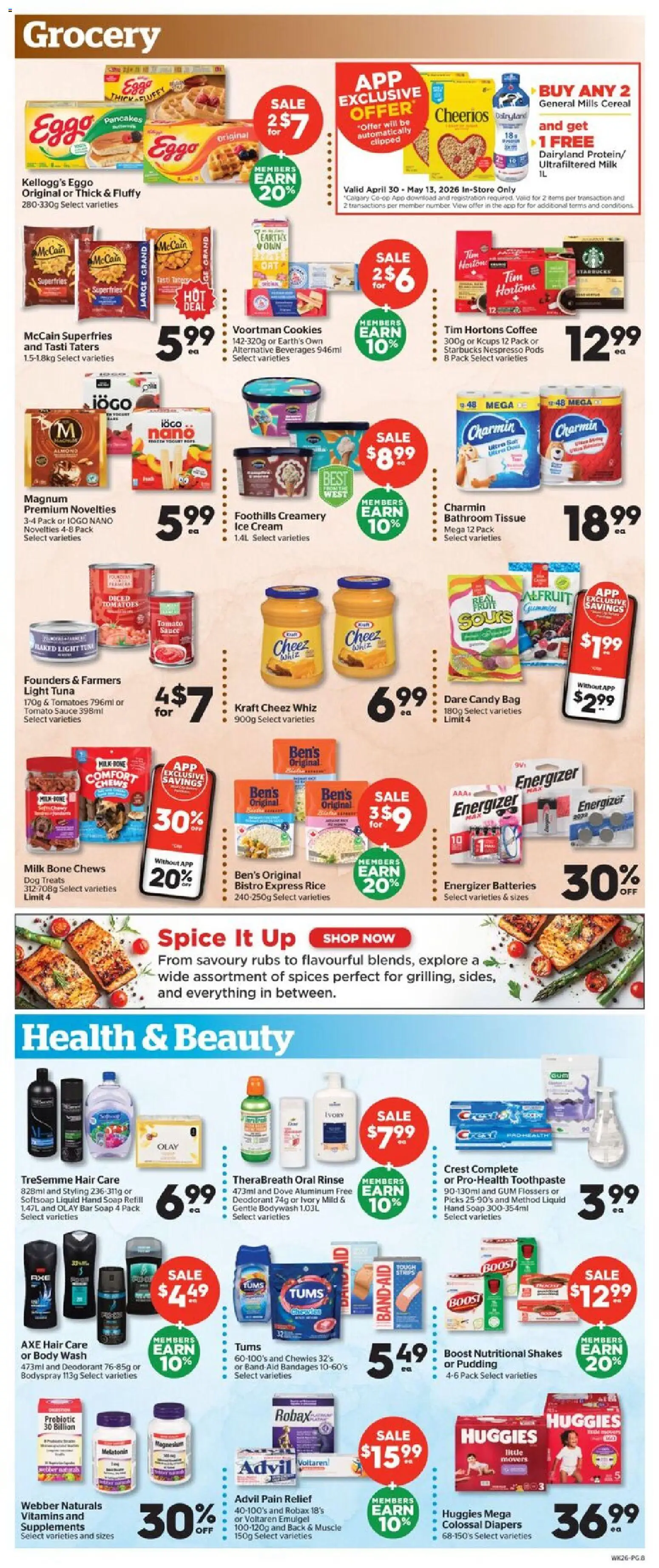 Calgary Co-op flyer valid from 30.04.2026 | Page: 8 | Products: Ice cream, Bag, Body wash, Milk