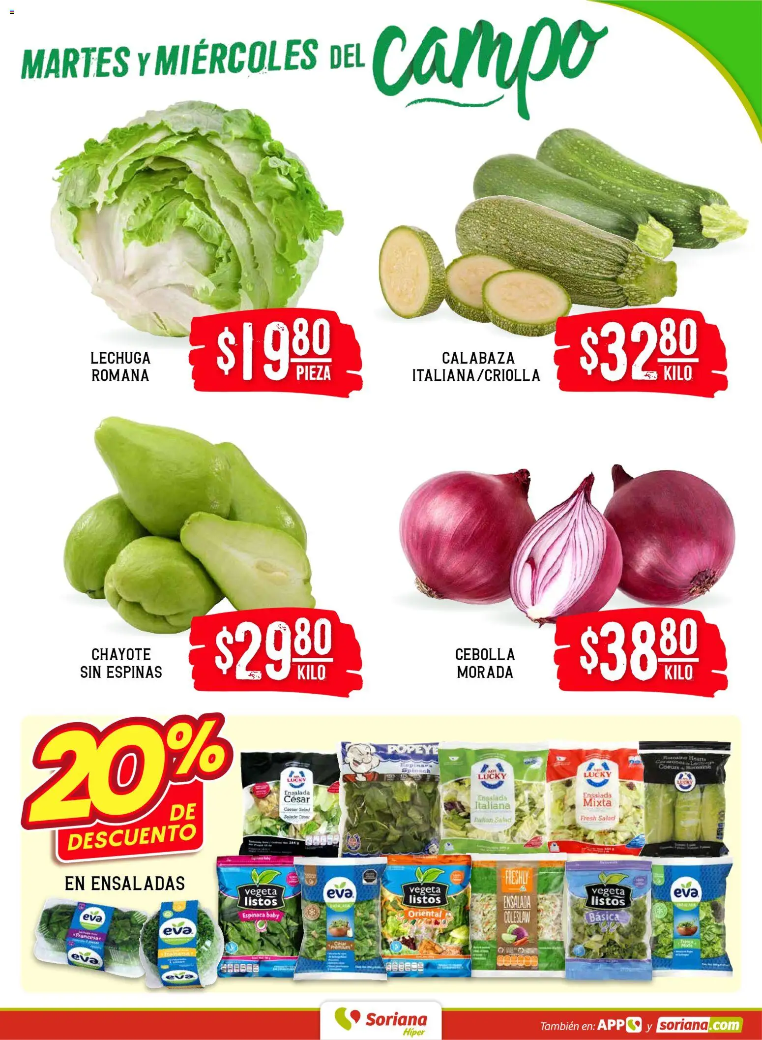 Nuevas ofertas de Soriana válidas en toda la República Mexicana desde el 13.01.2026. ¡Encuentra las mejores ofertas en Soriana- Martes y Miércoles del Campo Híper: Ags, Nay, Jal, Qro, Col, Mich, Gto, Hgo, Tlax, Mor, Pue, Gro, Oax, Edo. de Mex, Valle de México, Zac! | Página: 3 | Productos: Cebolla, Lechuga, Espinaca, Ensalada
