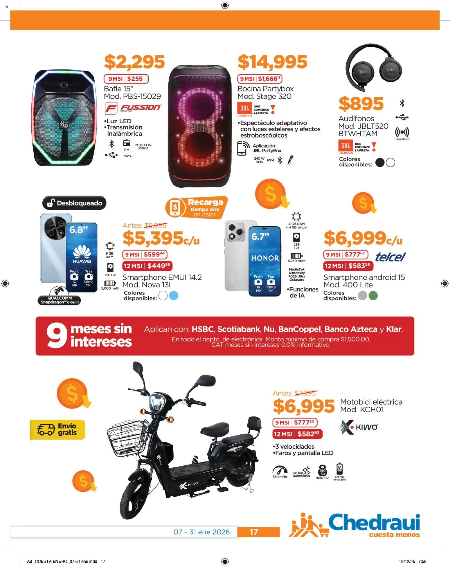 Nuevas ofertas de Chedraui válidas en toda la República Mexicana desde el 07.01.2026. ¡Encuentra las mejores ofertas en Chedraui folleto! | Página: 17 | Productos: Audífonos, Bocina, Banco, Smartphone