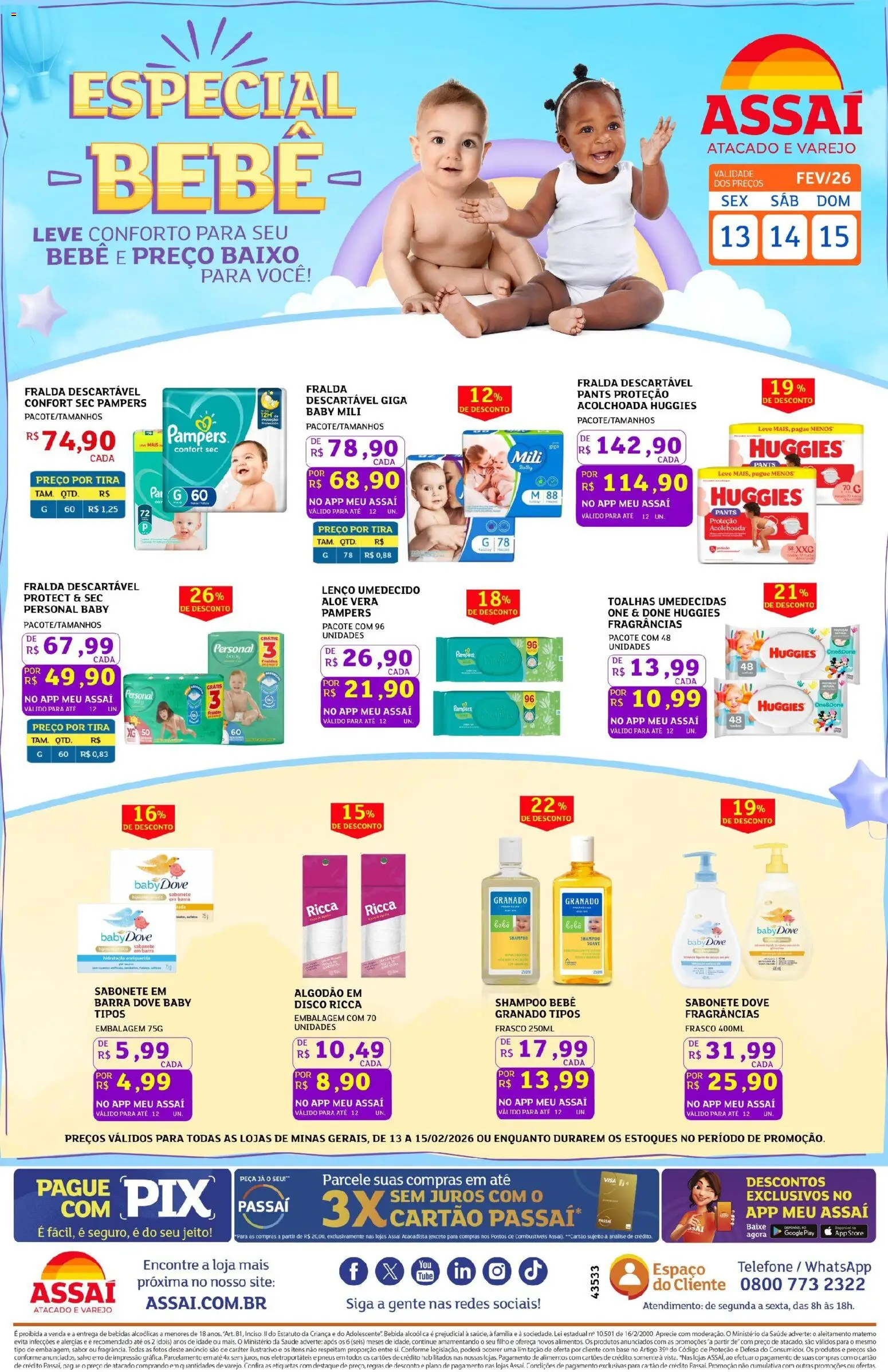 Assaí Atacadista Folheto - válido de 13.02.2026 | Página: 1 | Produtos: Base, Sabonete, Telefone, Disco