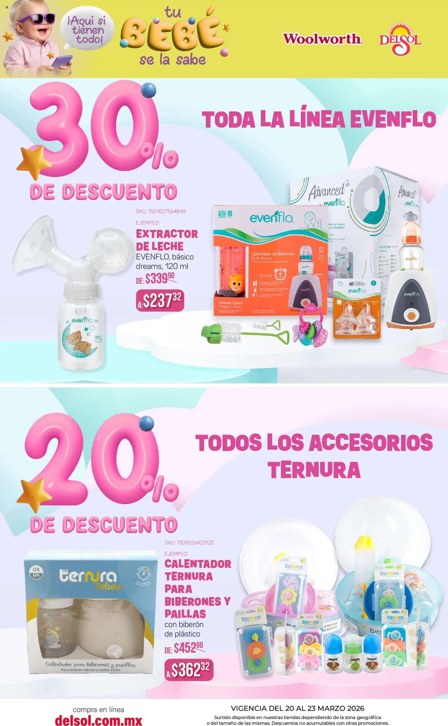Nuevas ofertas de Del Sol y Woolworth válidas en toda la República Mexicana desde el 20.03.2026. ¡Encuentra las mejores ofertas en Del Sol y Woolworth catálogo Tu Bebé Se La Sabe ! | Página: 4 | Productos: Biberón, Leche, Extractor
