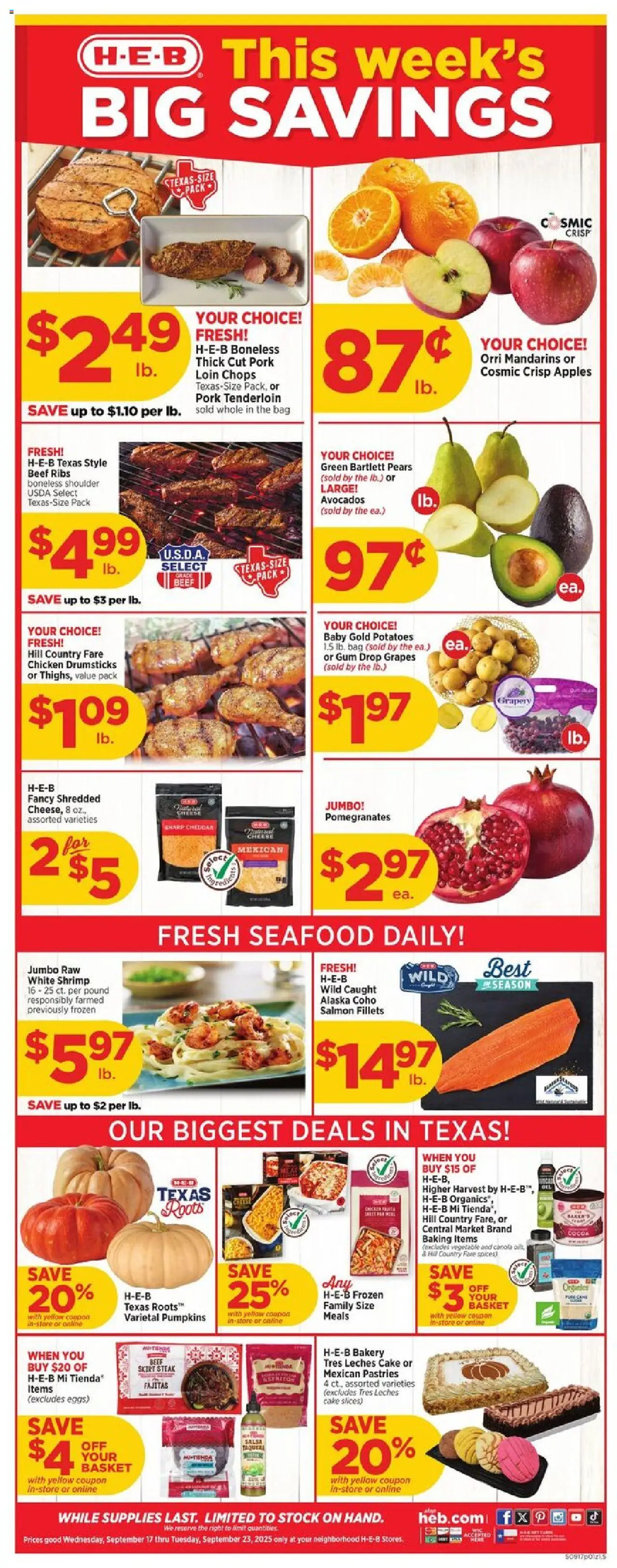 H-E-B Weekly Ad - valid from 17.09.2025 | Page: 1 | Products: Basket, Eggs, Pork, Bag