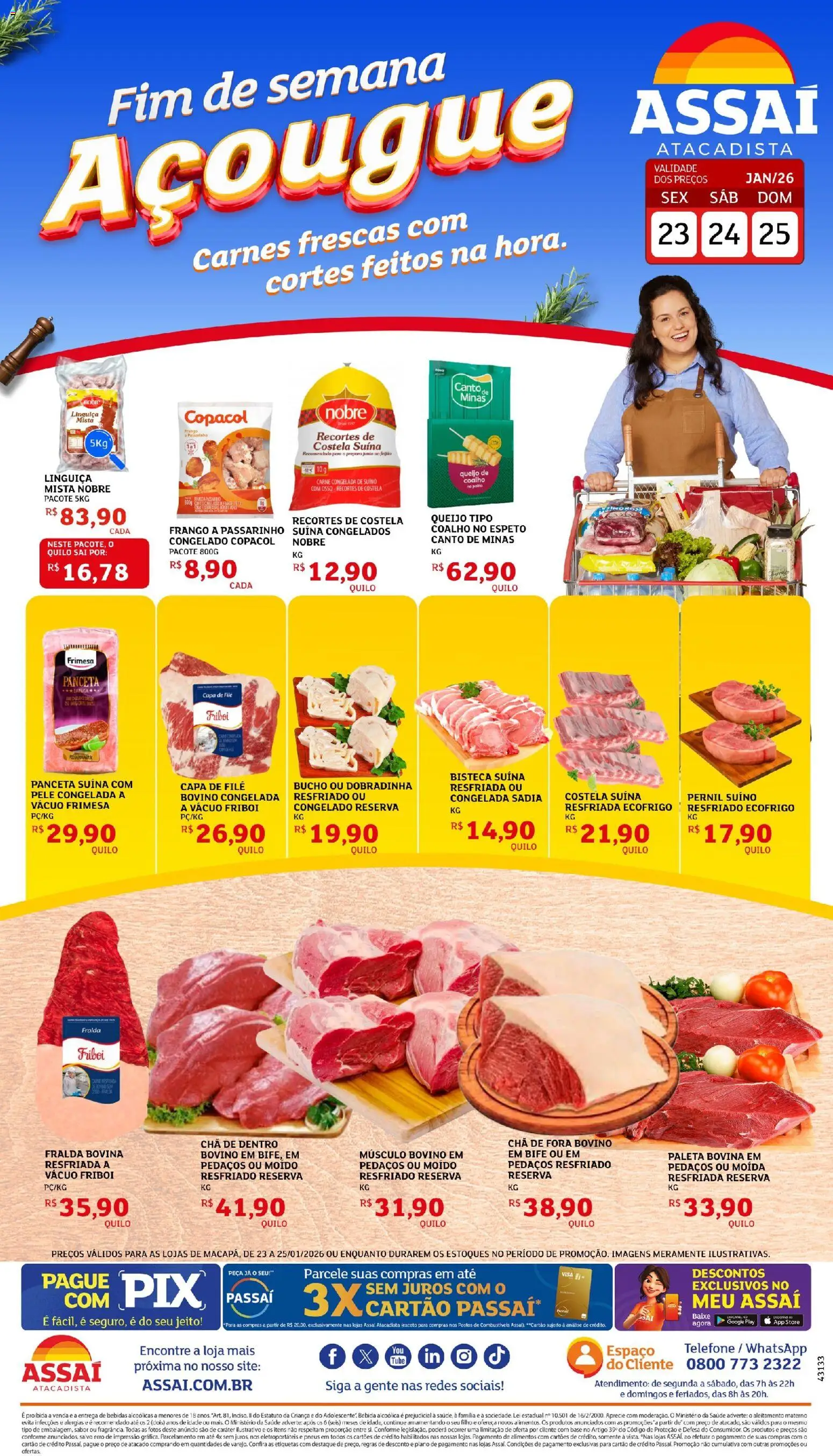 Assaí Atacadista Folheto - válido de 23.01.2026 | Página: 1 | Produtos: Linguiça, Carne, Bebida, Telefone