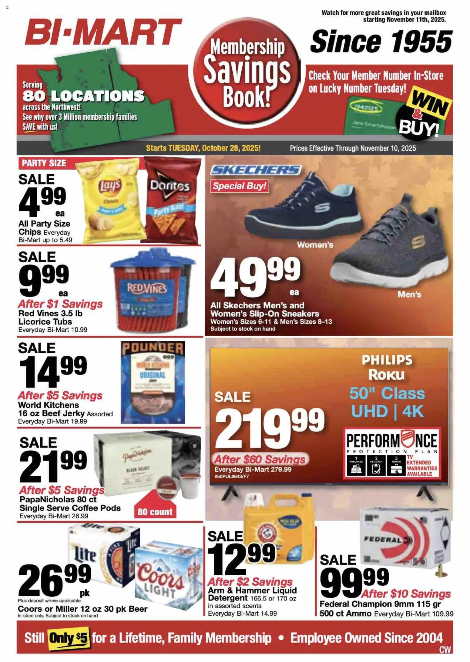 Bi-Mart Weekly Ad - valid from 28.10.2025 | Page: 1 | Products: Coffee, Beef, Detergent, Chips
