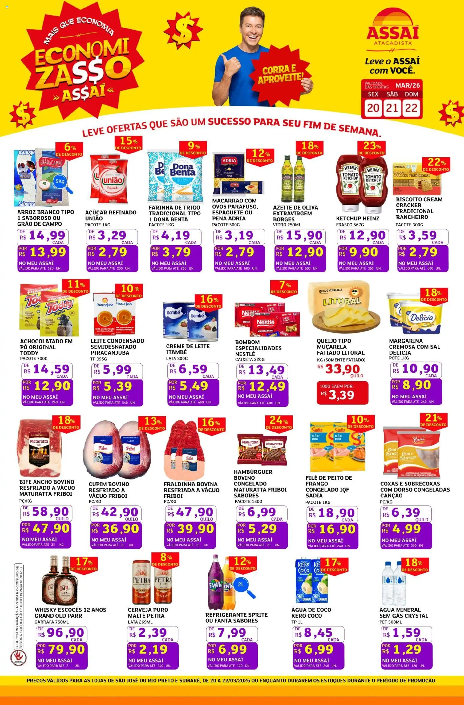 Assaí Atacadista Folheto - válido de 20.03.2026 | Página: 1 | Produtos: Queijo, Macarrão, Hambúrguer, Bebida