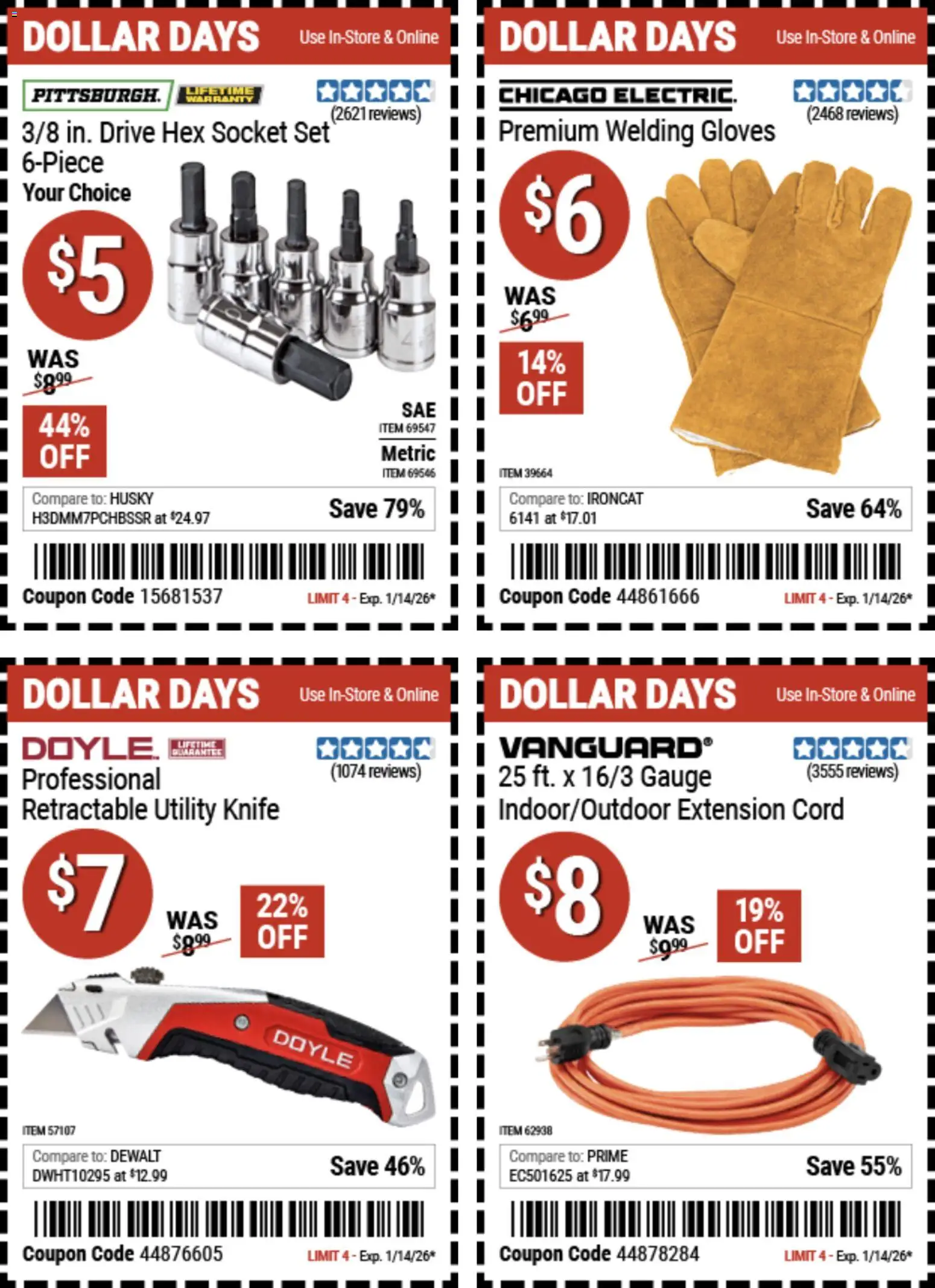 Harbor Freight Dollar Days - valid from 01.01.2026 | Page: 6 | Products: Utility Knife, Socket, Gloves