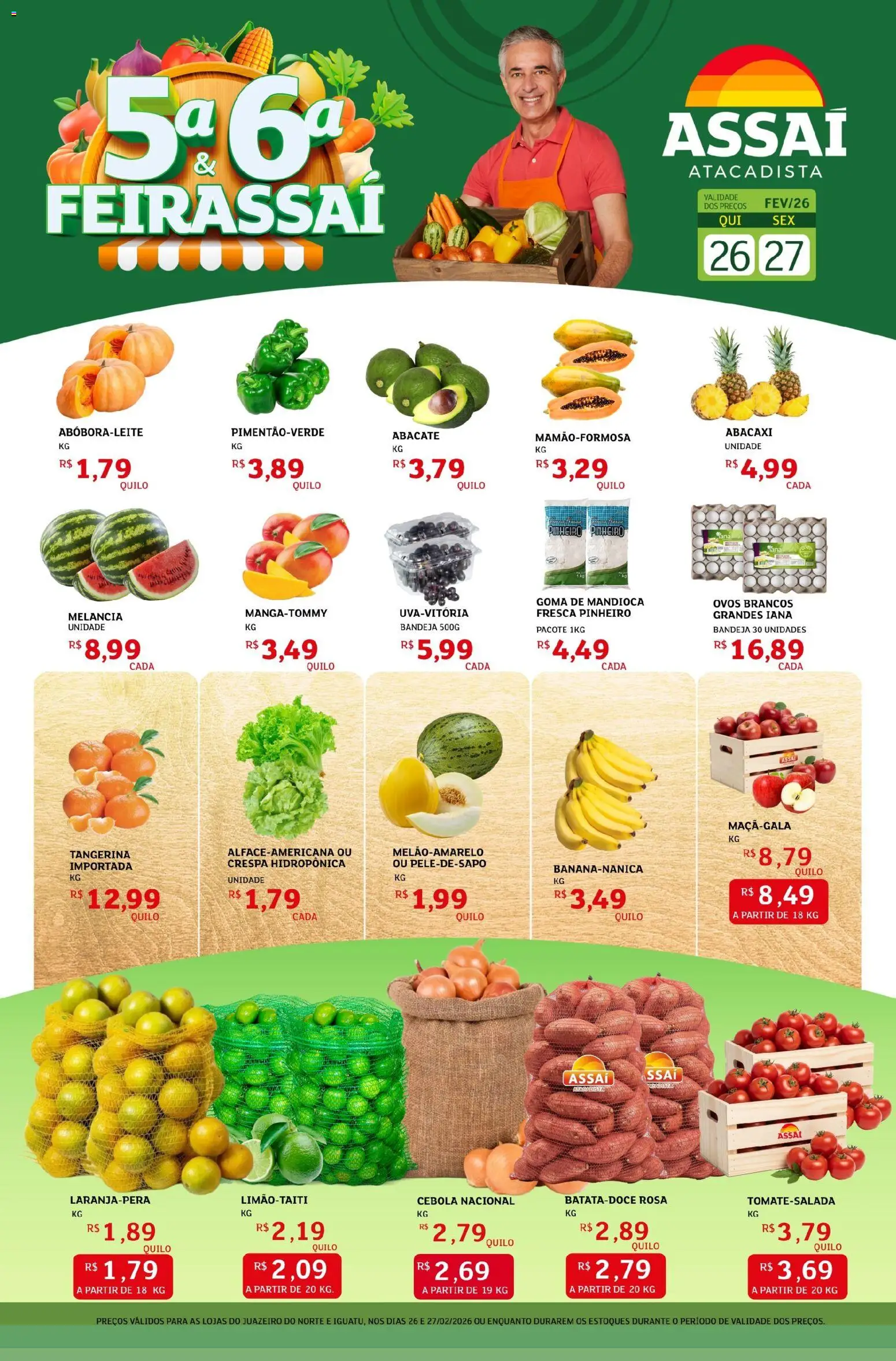 Assaí Atacadista Folheto - válido de 26.02.2026 | Página: 1 | Produtos: Melancia, Cebola, Ovos, Bandeja