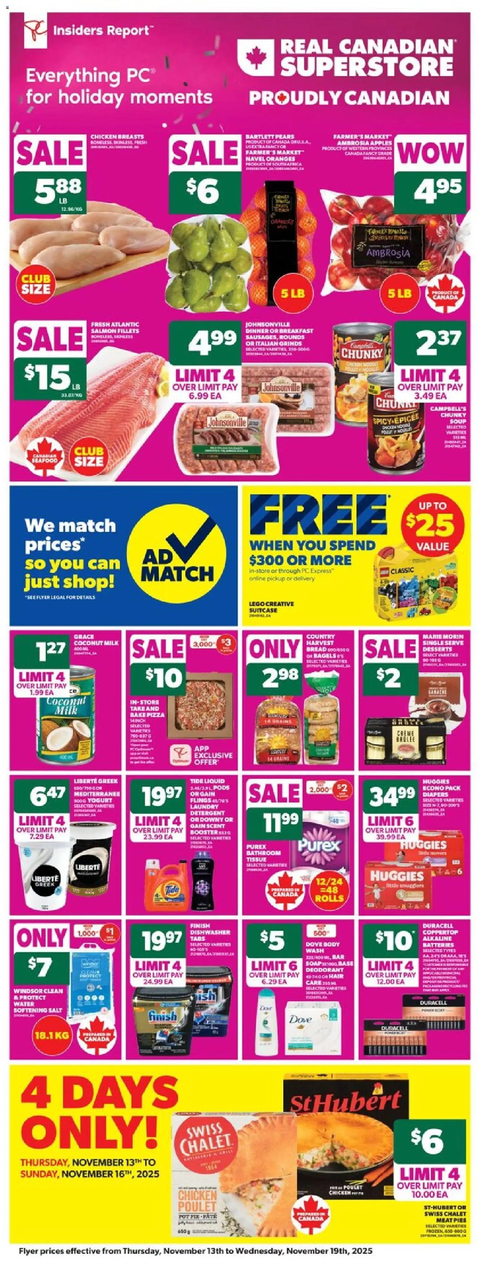 Real Canadian Superstore flyer valid from 13.11.2025 | Page: 4 | Products: Dishwasher, Yogurt, Chicken, Oranges