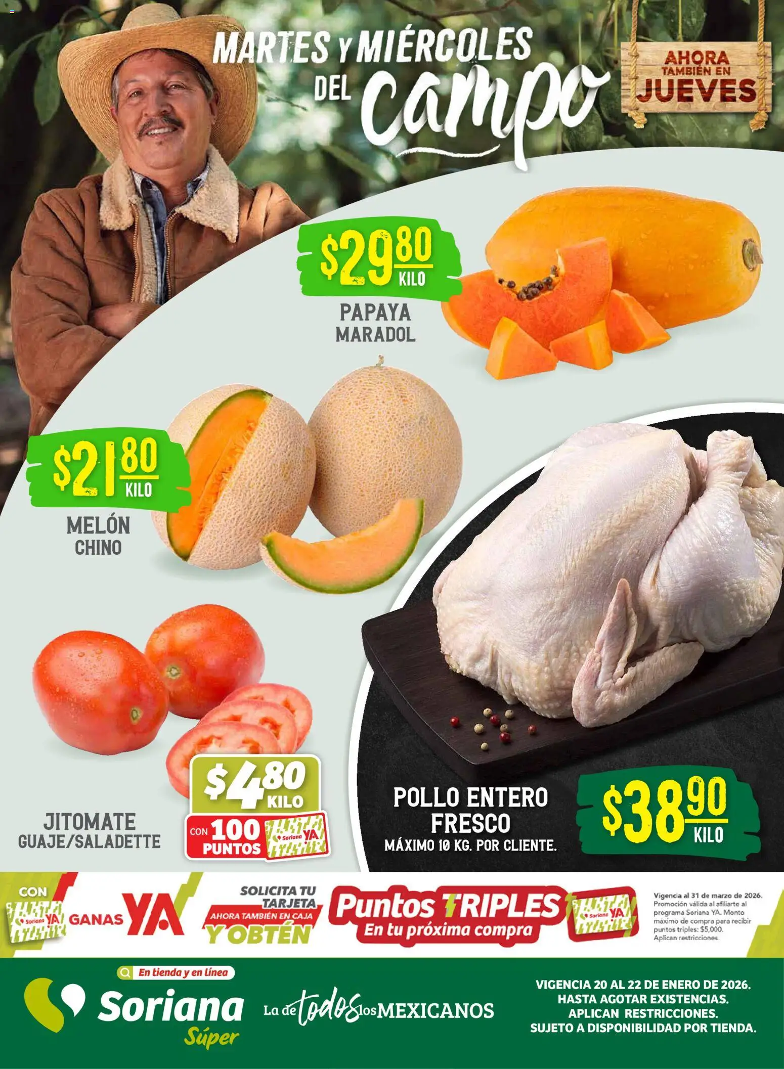 Nuevas ofertas de Soriana válidas en toda la República Mexicana desde el 20.01.2026. ¡Encuentra las mejores ofertas en Soriana - Martes y Miércoles del Campo Súper: Juárez! | Página: 1 | Productos: Pollo, Melón, Caja