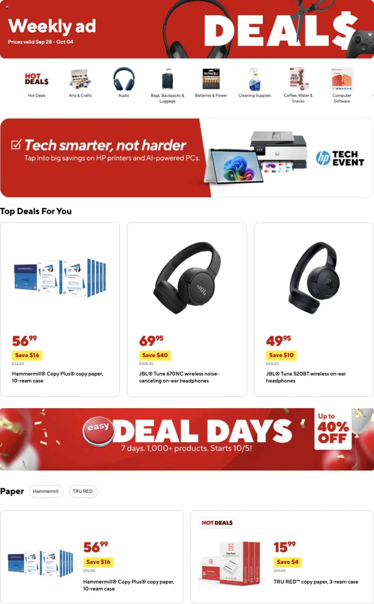 Staples Weekly Ad - valid from 28.09.2025 | Page: 1 | Products: Water, Audio, Headphones, Case