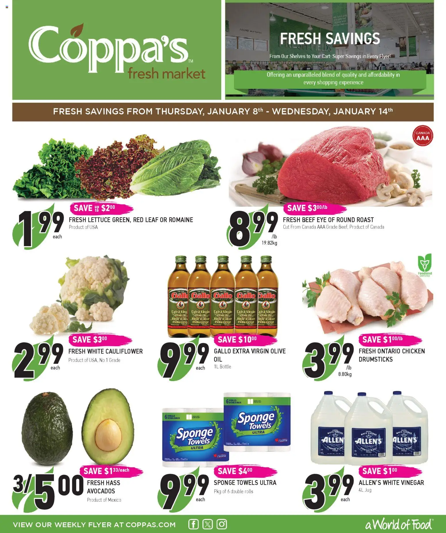 Coppas Fresh Market flyer valid from 08.01.2026 | Page: 1 | Products: Beef, Sponge, Oil, Chicken