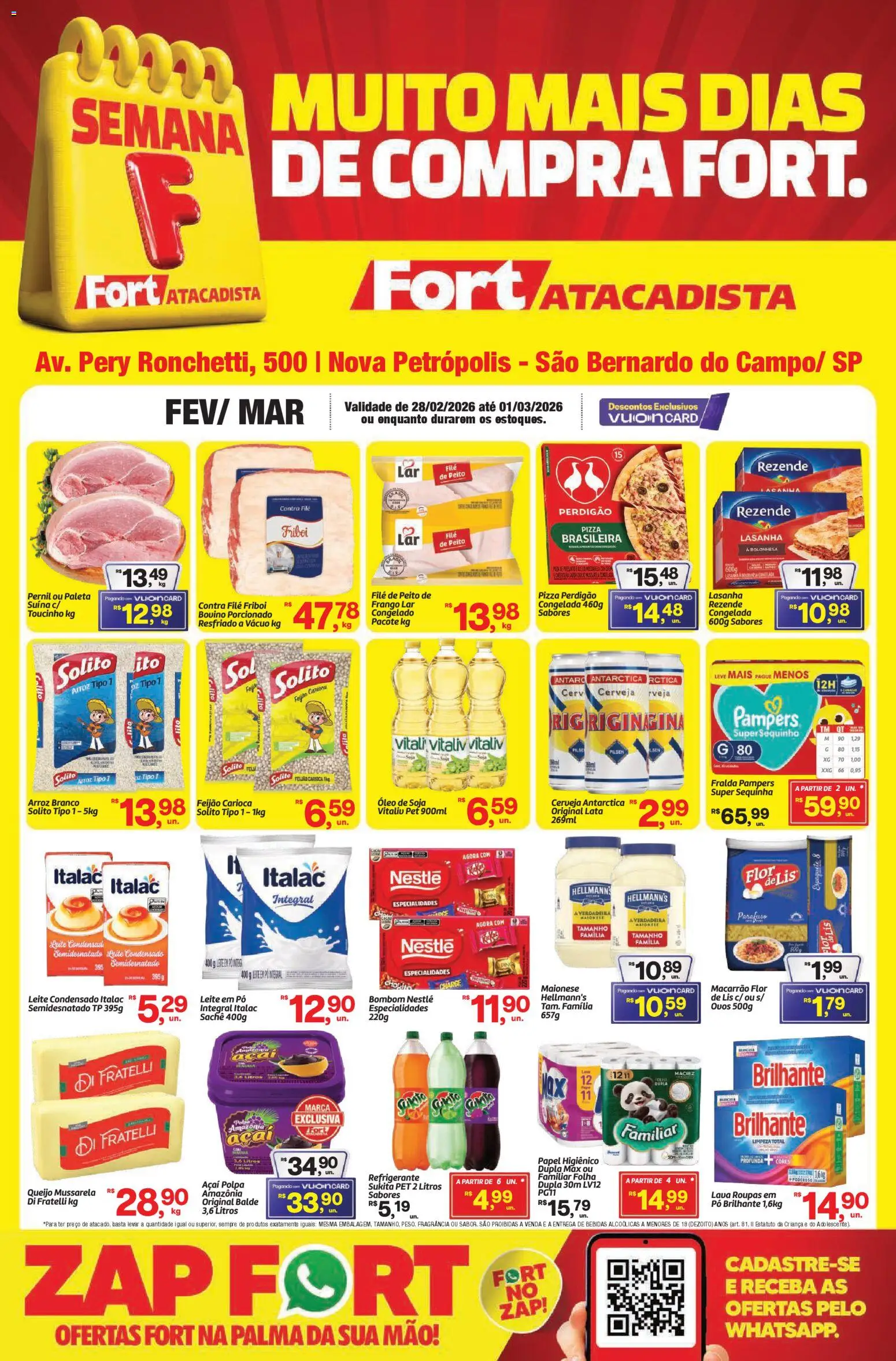 Fort Atacadista Folheto - válido de 28.02.2026 | Página: 1 | Produtos: Pampers, Bombom, Mussarela, Leite em pó