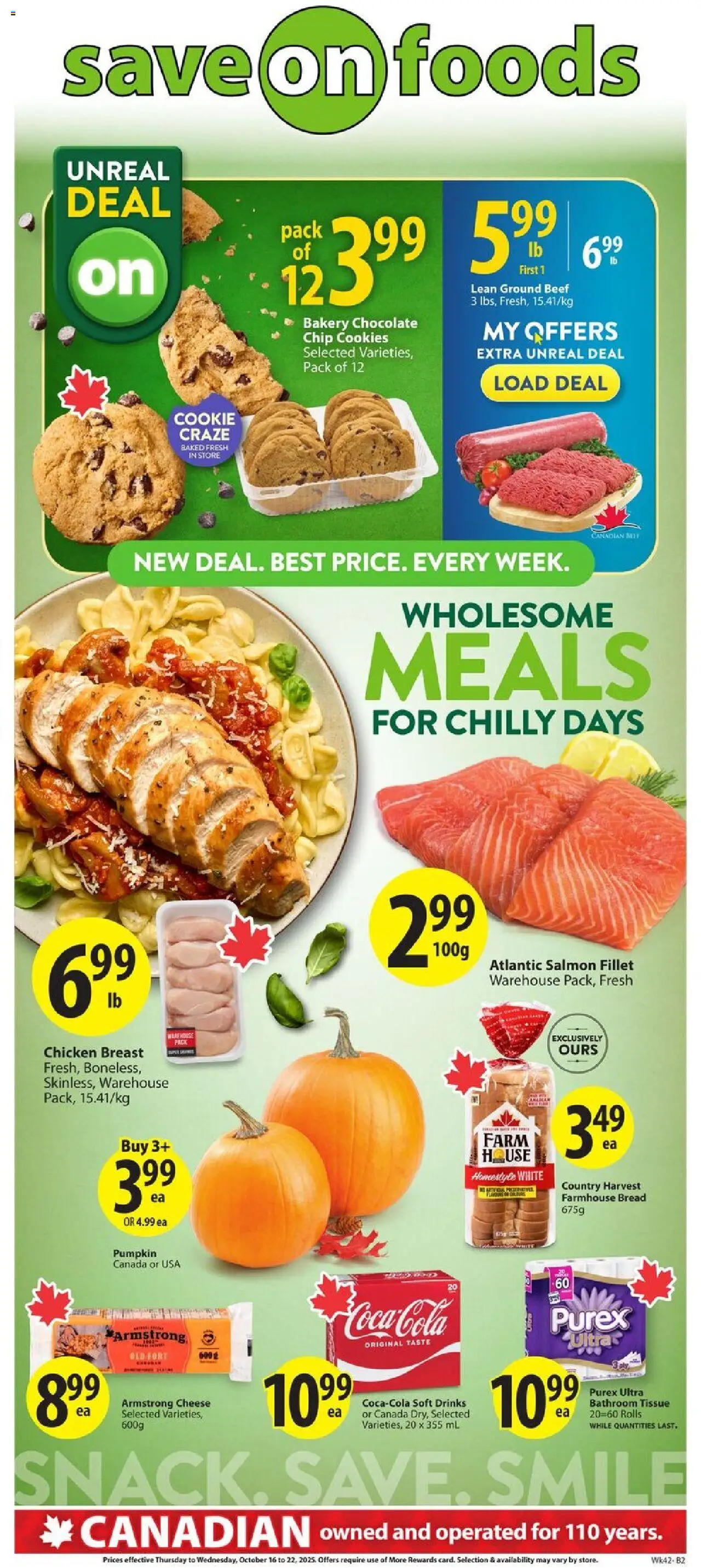 Save on foods flyer valid from 16.10.2025 | Page: 2 | Products: Beef, Chocolate, Pumpkin, Chicken