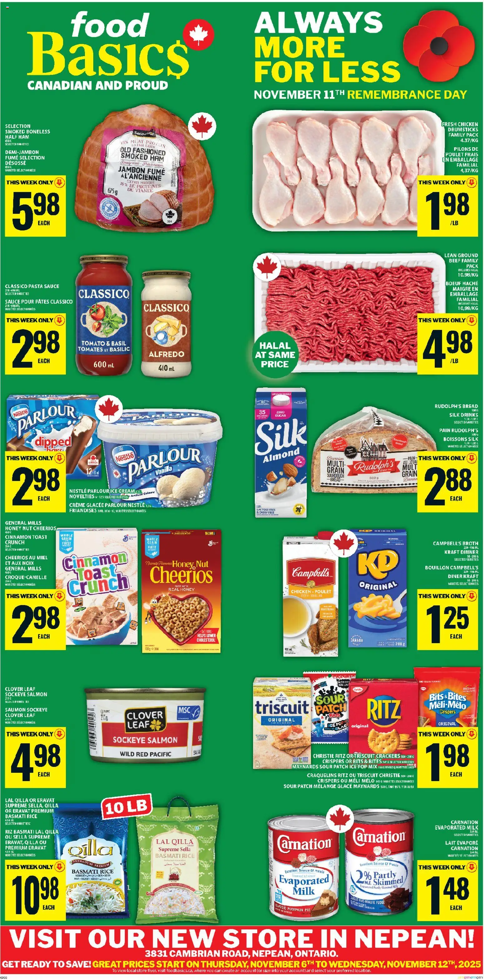 Food Basics flyer valid from 06.11.2025 | Page: 1 | Products: Milk, Pumpkin, Ham, Chicken