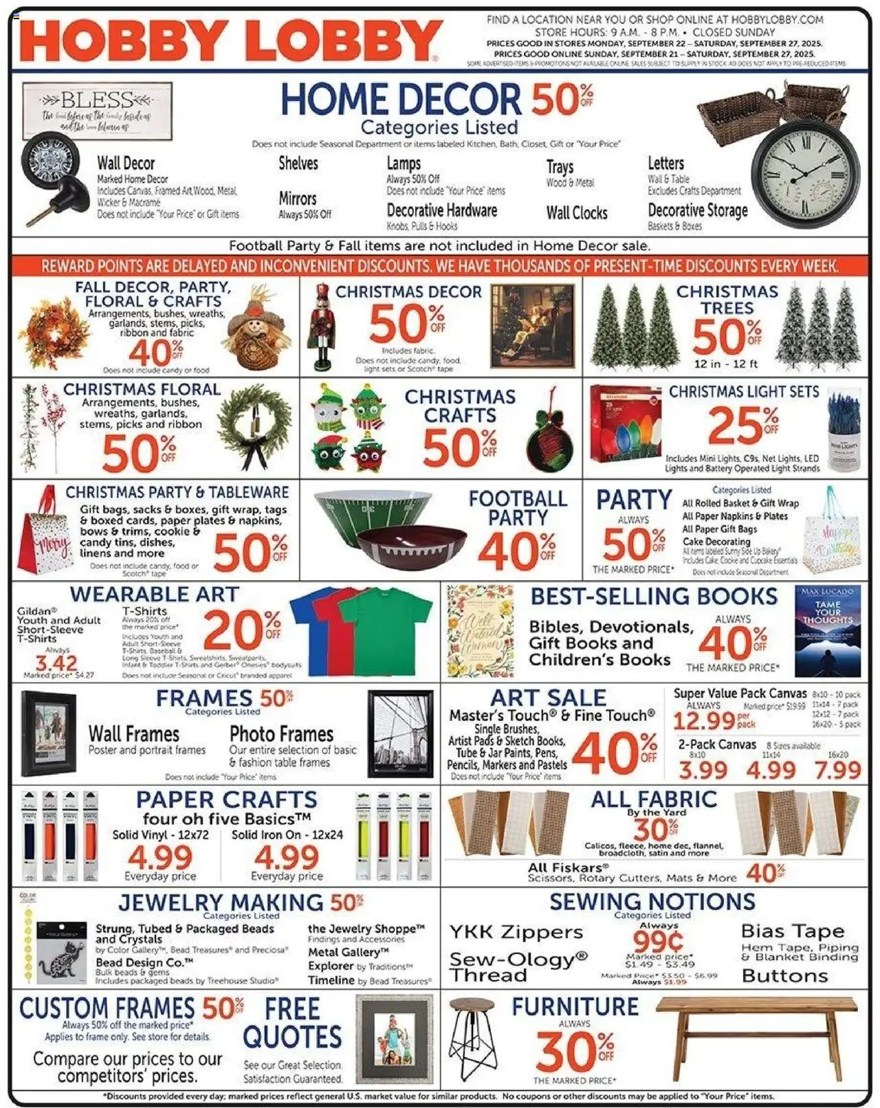 Hobby Lobby Weekly Ad - valid from 21.09.2025 | Page: 1 | Products: Blanket, Canvas, Battery, Iron