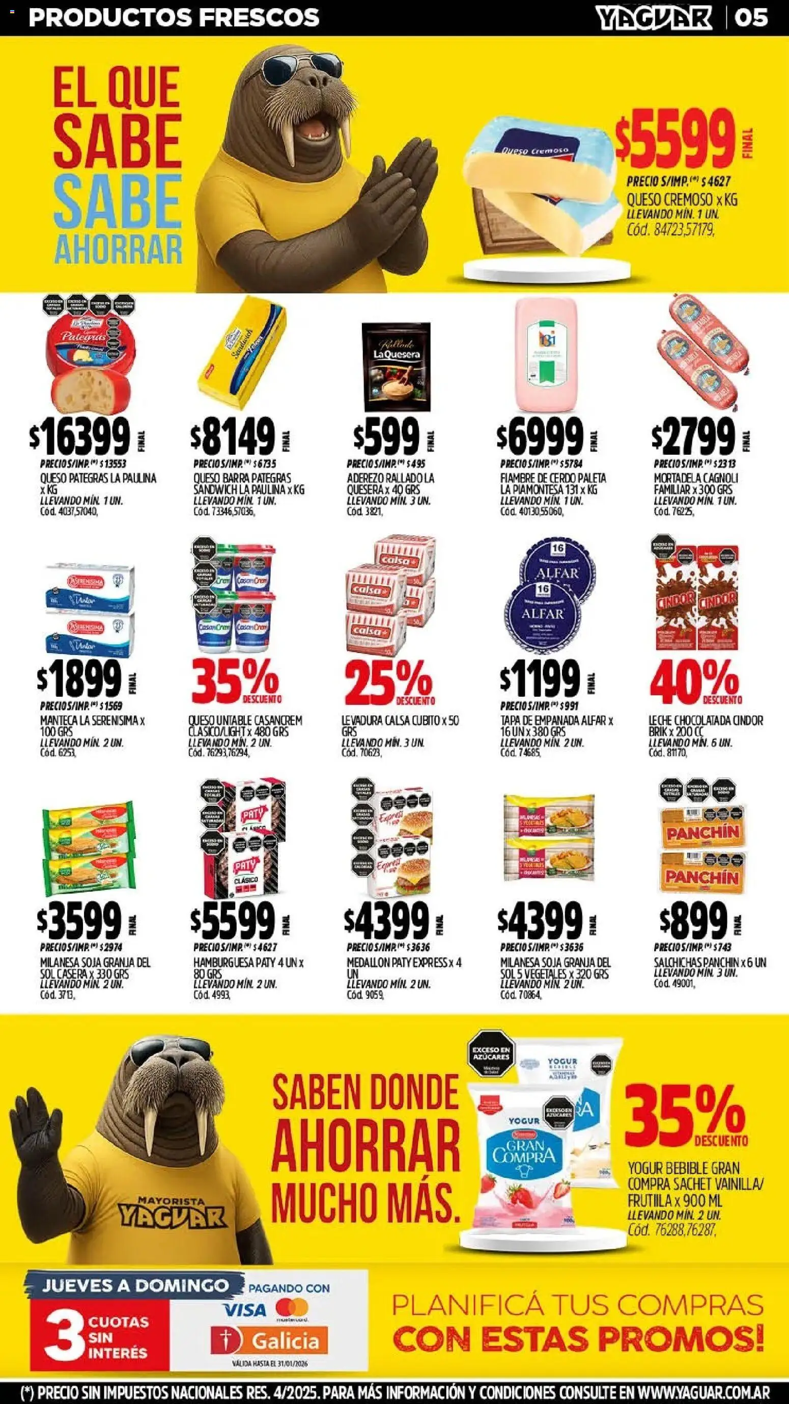 Yaguar - Oferta Semanal Mar del Plata │ válido desde el 26.01.2026 | Página: 4 | Productos: Mortadela, Paleta, Manteca, Cerdo