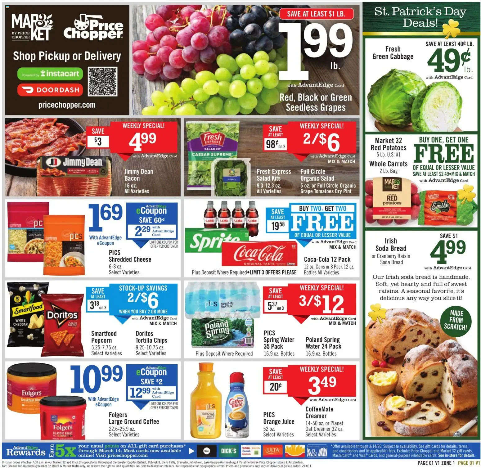 Price Chopper Weekly Ad - valid from 08.03.2026 | Page: 1 | Products: Bread, Chips, Salad, Grapes