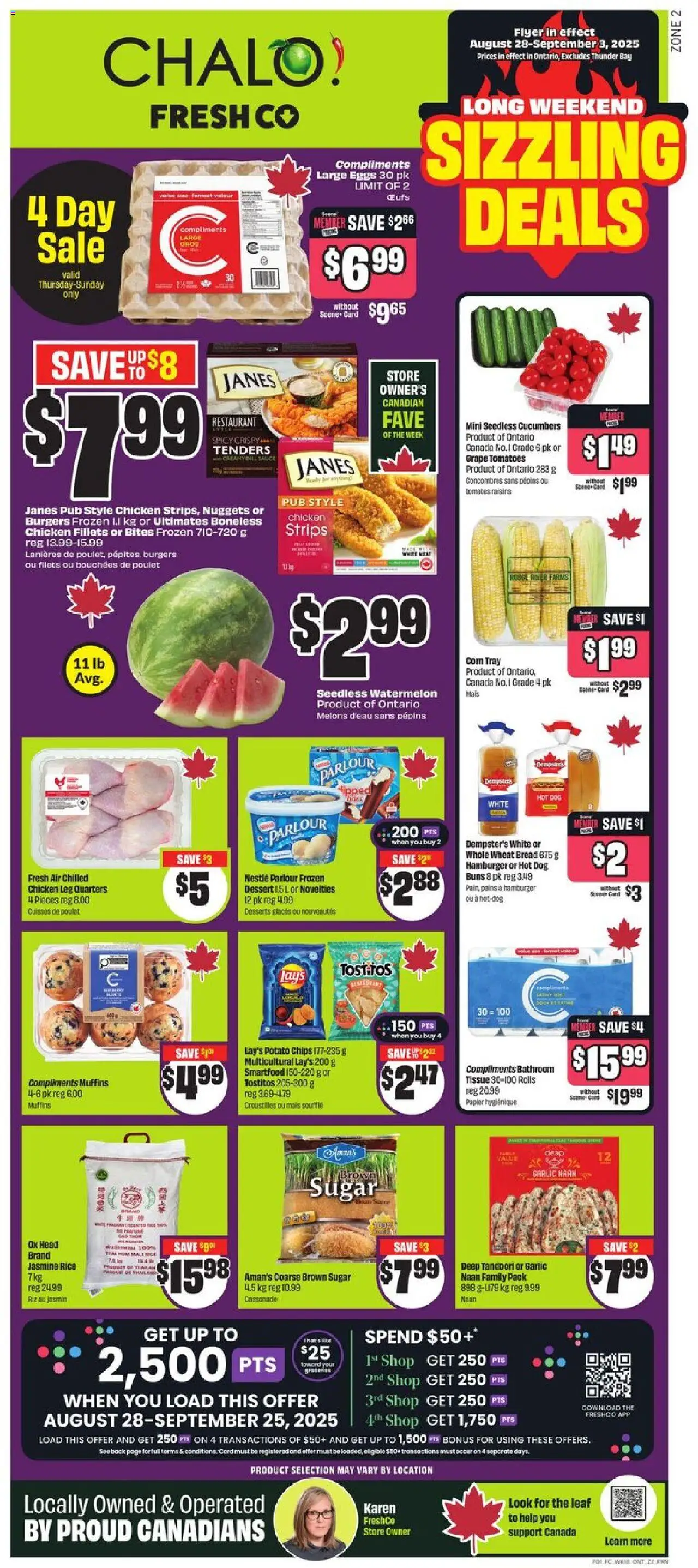 FreshCo flyer valid from 28.08.2025 | Page: 1 | Products: Chips, Eggs, Bread, Chicken