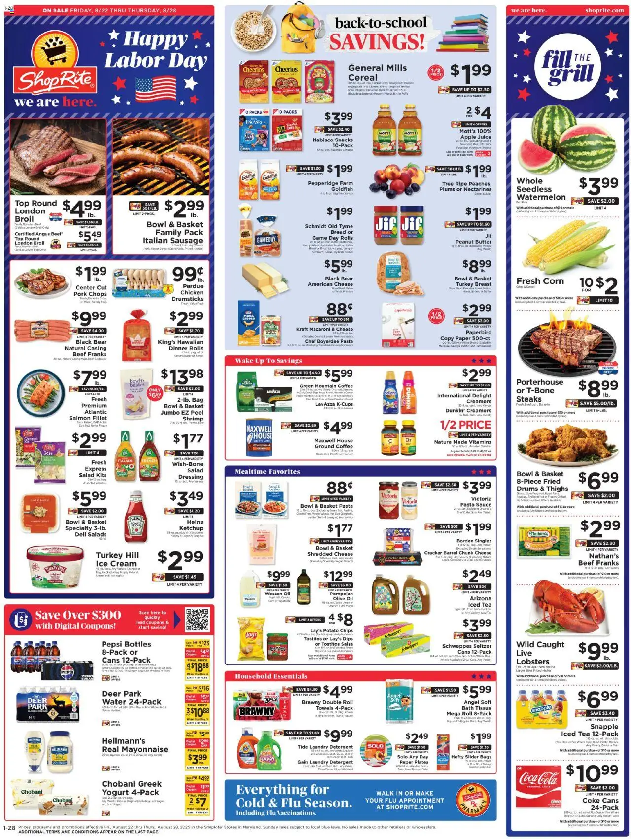ShopRite Weekly Ad - valid from 22.08.2025 | Page: 1 | Products: Basket, Bread, Juice, Pork