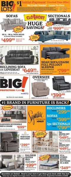 Preview of Big Lots weekly ads valid from 22.03.2026 | Page: 2 | Products: Mattress, Sofa, Table, Recliner