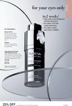 Preview of Anew Clinical Line Eraser with Retinol Eye Cream, Helps improve the look of fine lines, wrinkles, dark circles and puffiness for a more youthful, refreshed appearance. 15 ml from shop Avon valid from 12.02.2026 | Page: 51 | Products: Cream