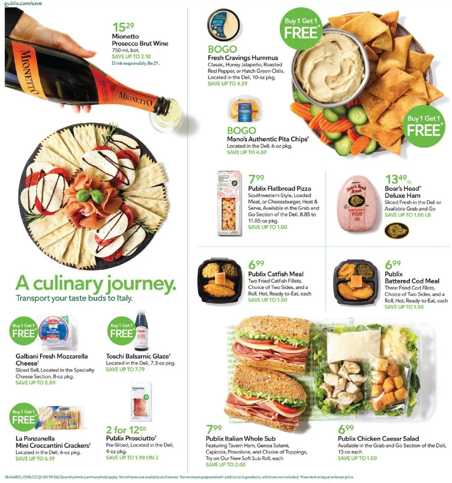 Publix Weekly Ad - valid from 18.02.2026 | Page: 8 | Products: Cheese, Pizza, Wine, Salad
