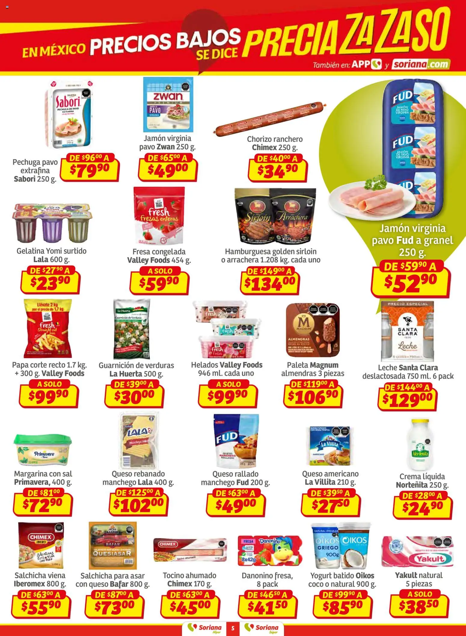 Nuevas ofertas de Soriana válidas en toda la República Mexicana desde el 15.01.2026. ¡Encuentra las mejores ofertas en Soriana - Preciazazaso Súper: Chih, Coah, Dur, NL, SLP, Tamps, Zac! | Página: 5 | Productos: Fresa, Gelatina, Salchicha, Jamón