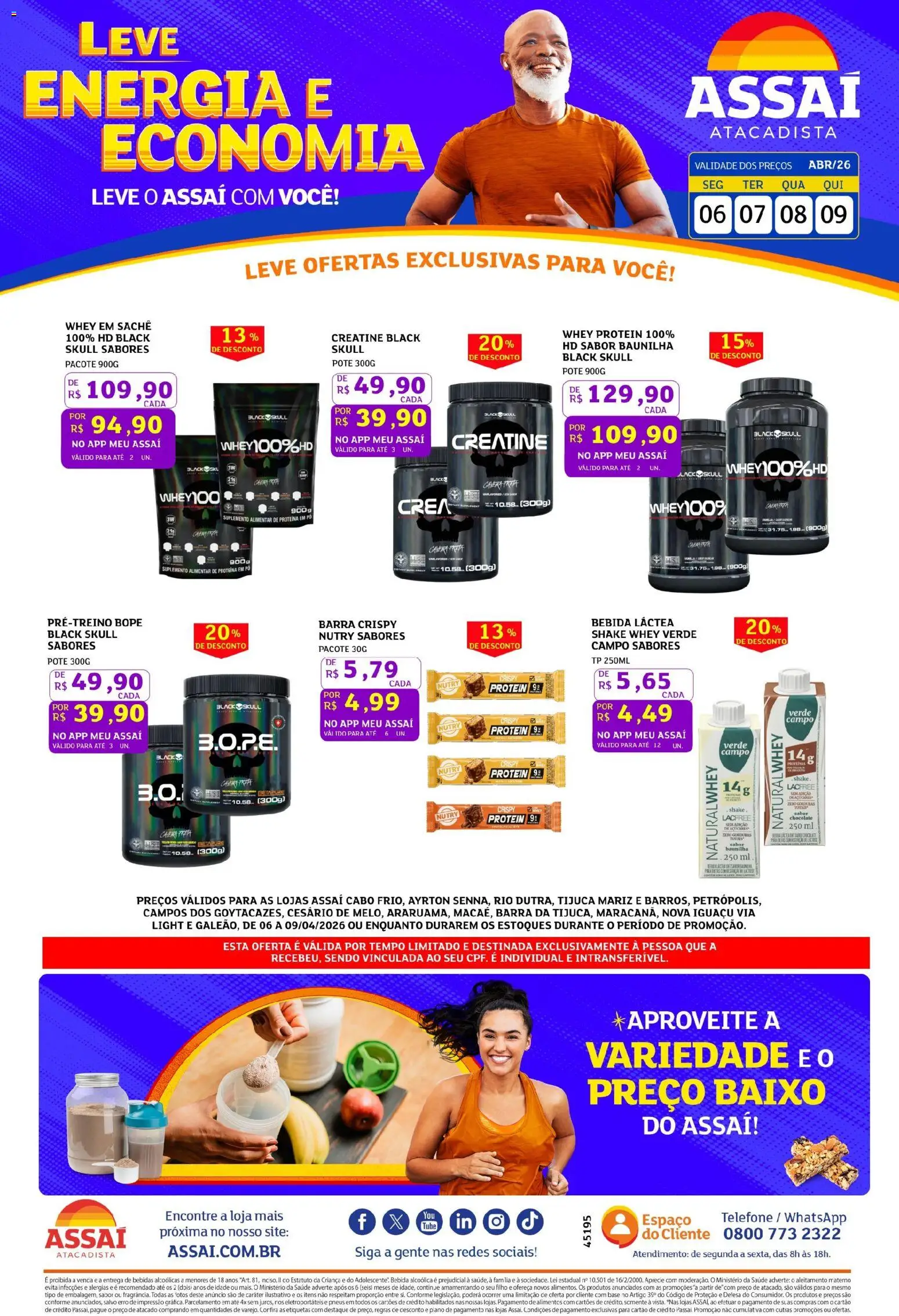 Assaí Atacadista Folheto - válido de 06.04.2026 | Página: 1 | Produtos: Base, Bebida, Telefone, Whey protein