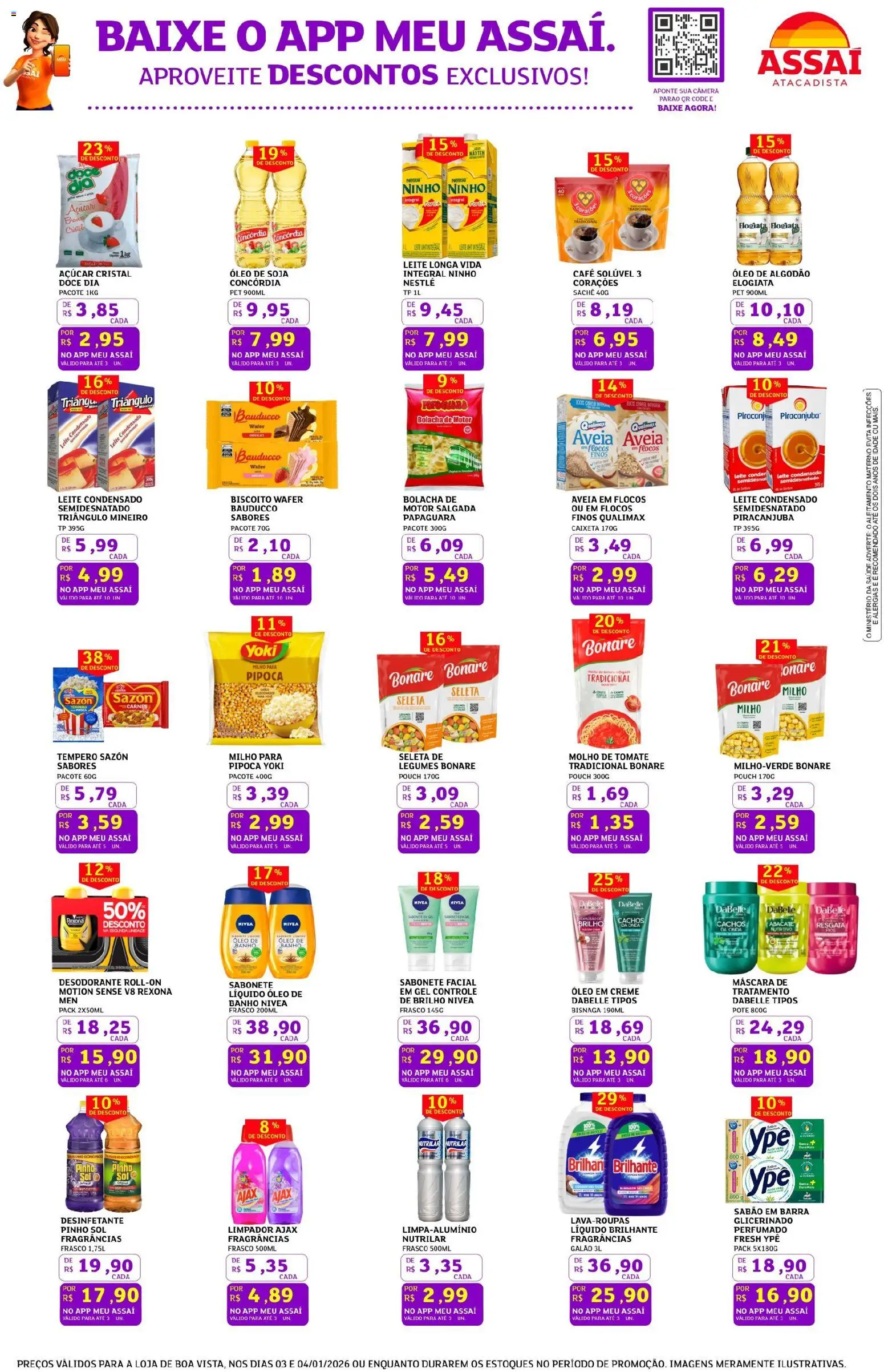 Assaí Atacadista Folheto - válido de 03.01.2026 | Página: 3 | Produtos: Sabão em barra, Desodorante, Aveia, Leite condensado