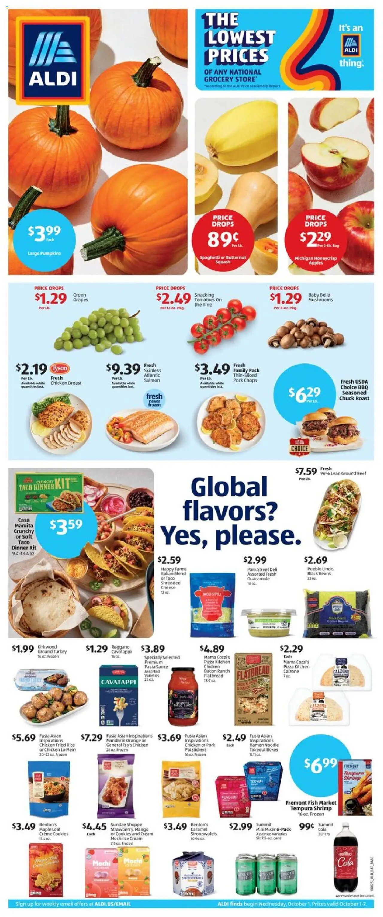 Aldi Weekly Ad - valid from 01.10.2025 | Page: 1 | Products: Cheese, Pizza, Tomatoes, Fish