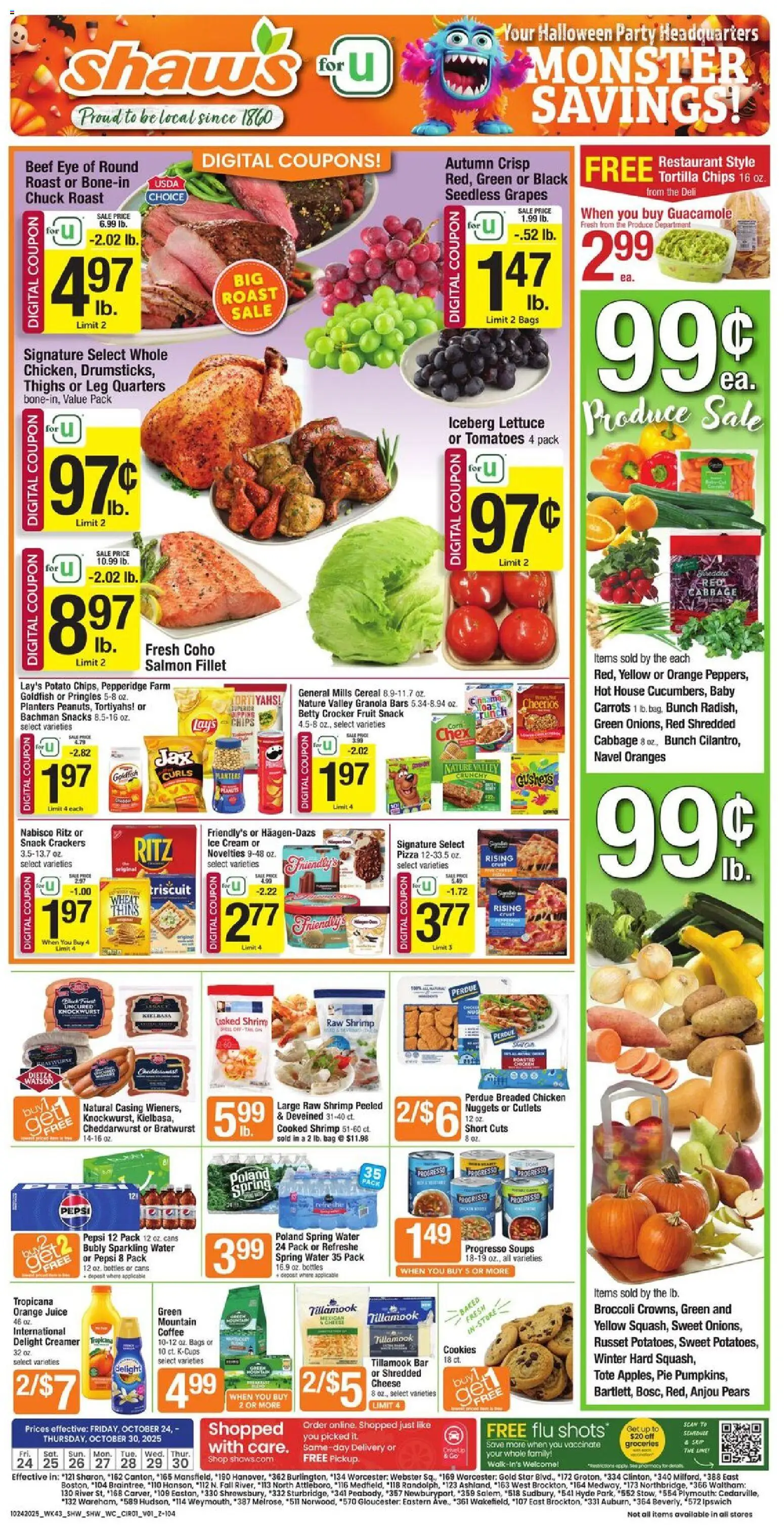 Shaw's Weekly Ad - valid from 24.10.2025 | Page: 1 | Products: Broccoli, Lettuce, Cheese, Cream