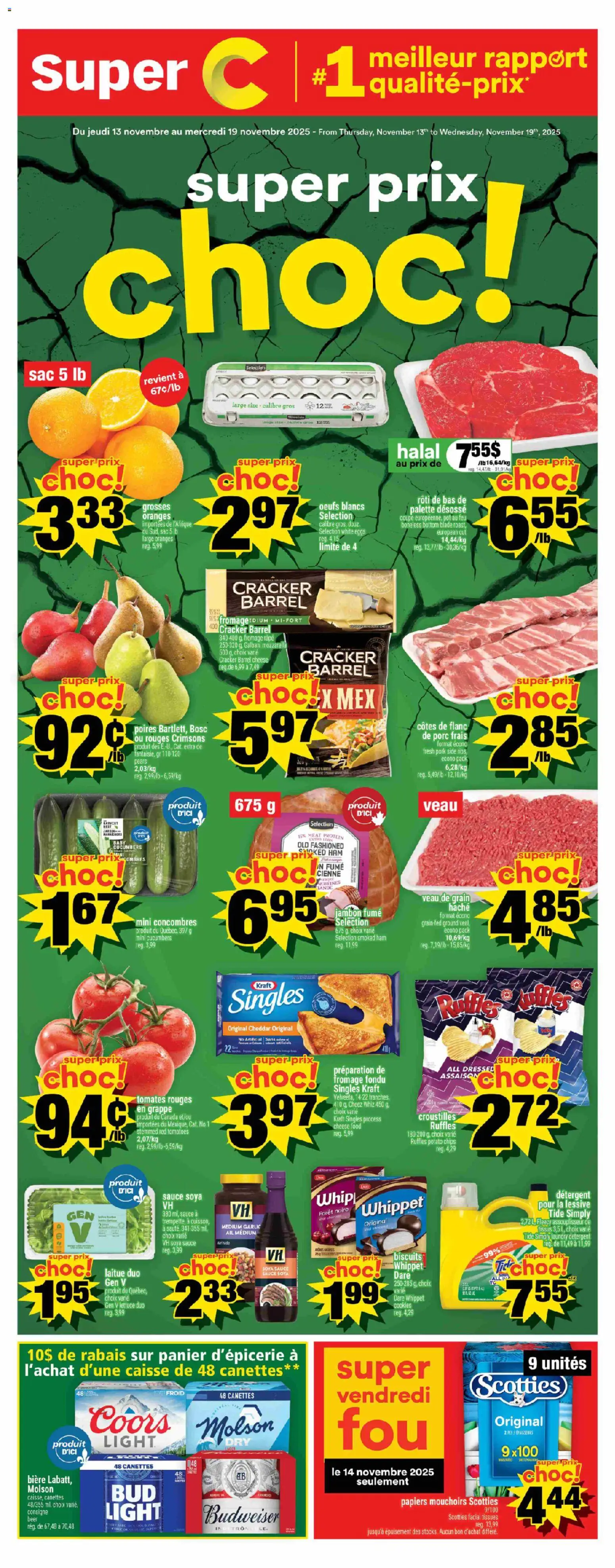 Super C flyer valid from 13.11.2025 | Page: 1 | Products: Chips, Ham, Beer, Oranges