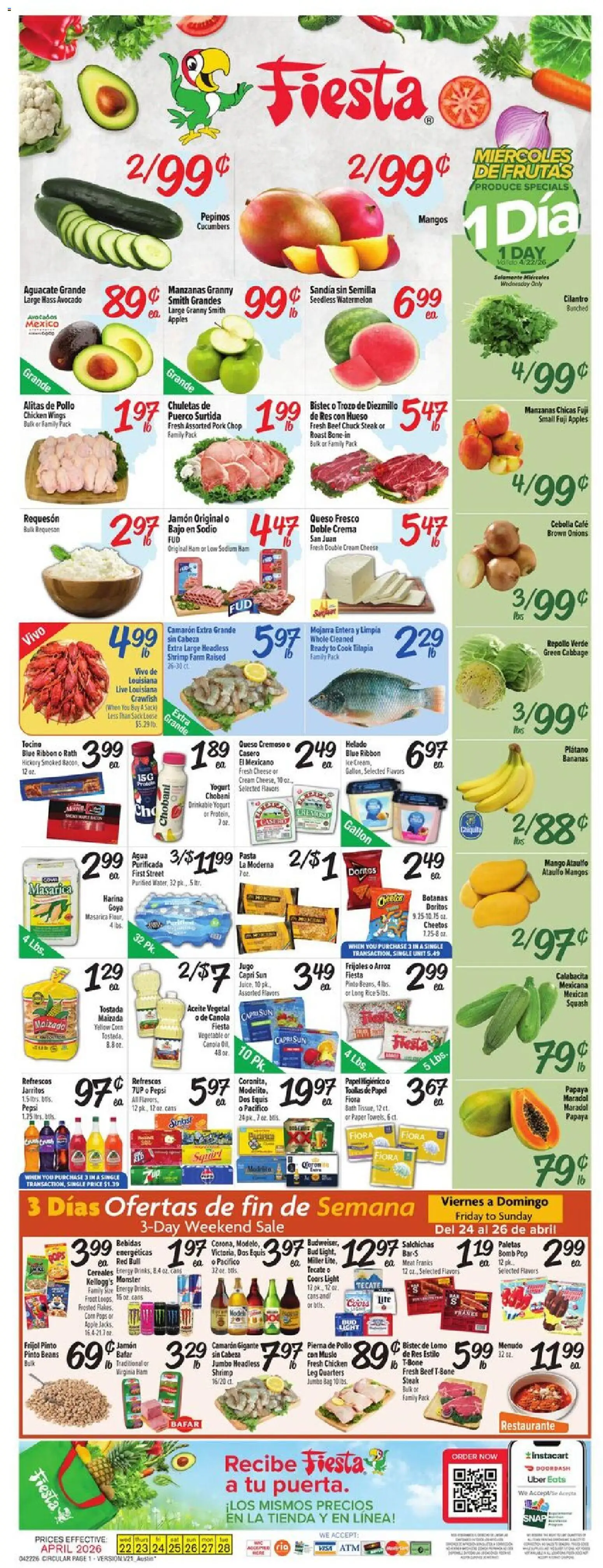 Fiesta Mart Weekly Ad - valid from 22.04.2026 | Page: 1 | Products: Corn, Yogurt, Apples, Mango