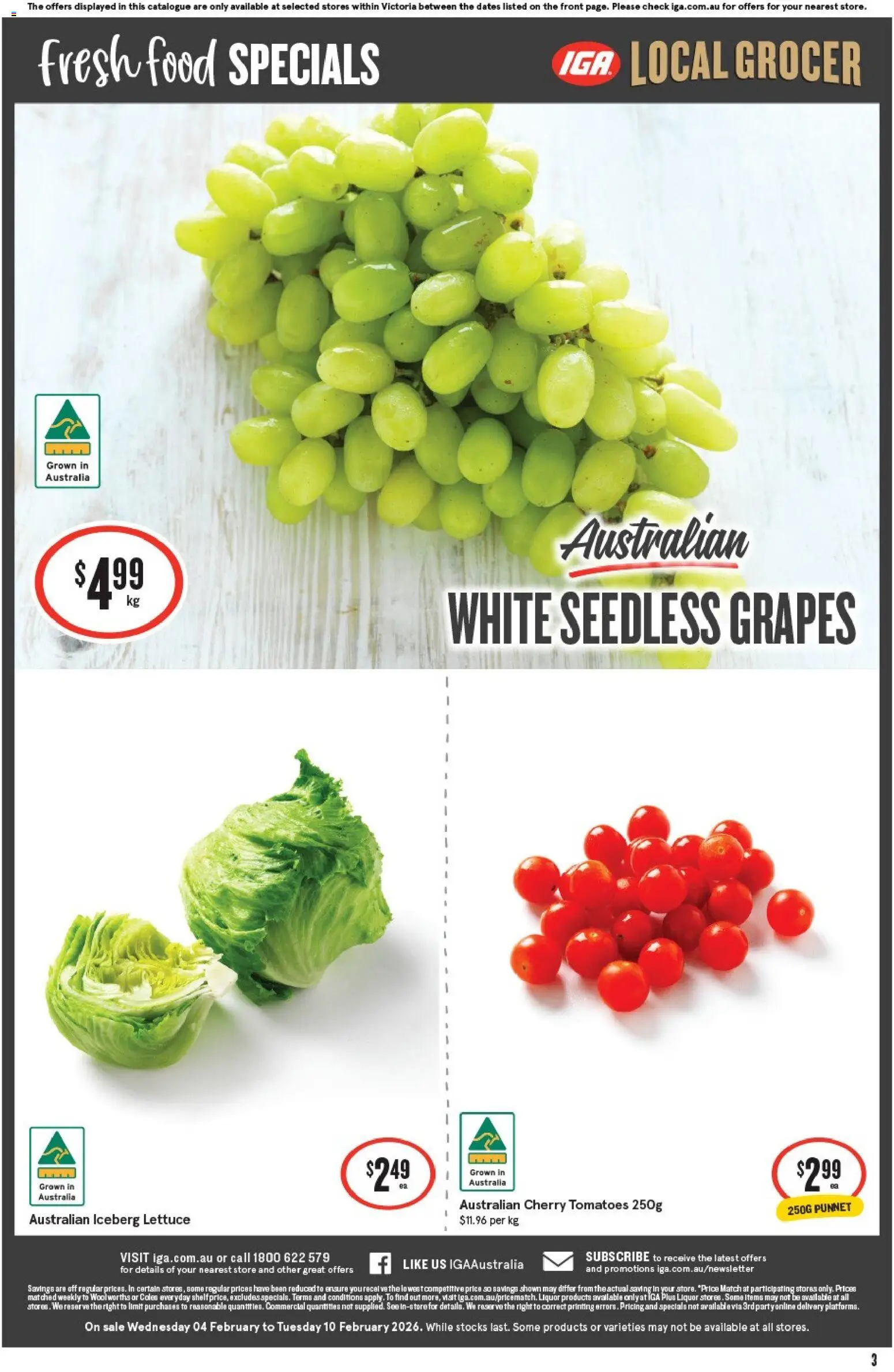 IGA catalogue - valid from 04.02.2026 | Page: 8 | Products: Lettuce, Tomatoes, Grapes