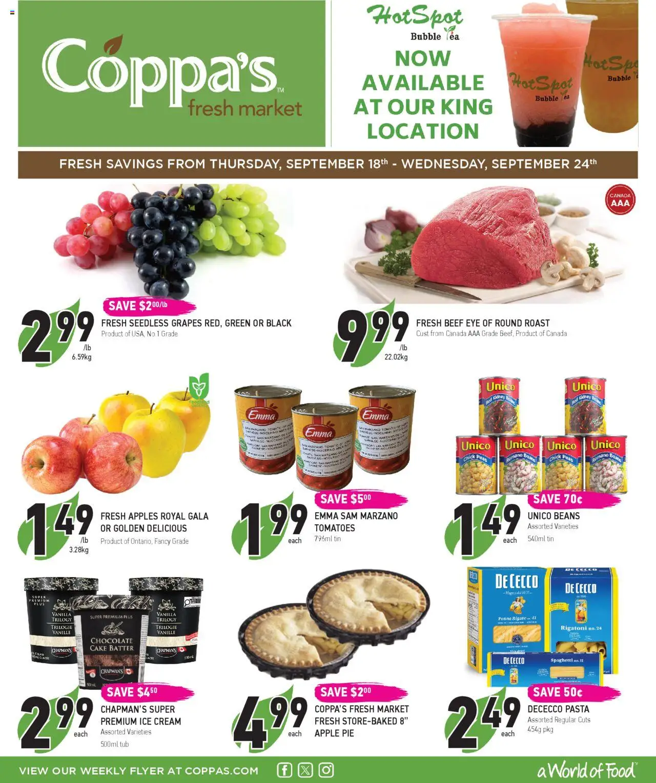 Coppas Fresh Market flyer valid from 18.09.2025 | Page: 1 | Products: Tea, Pasta, Ice cream, Chocolate