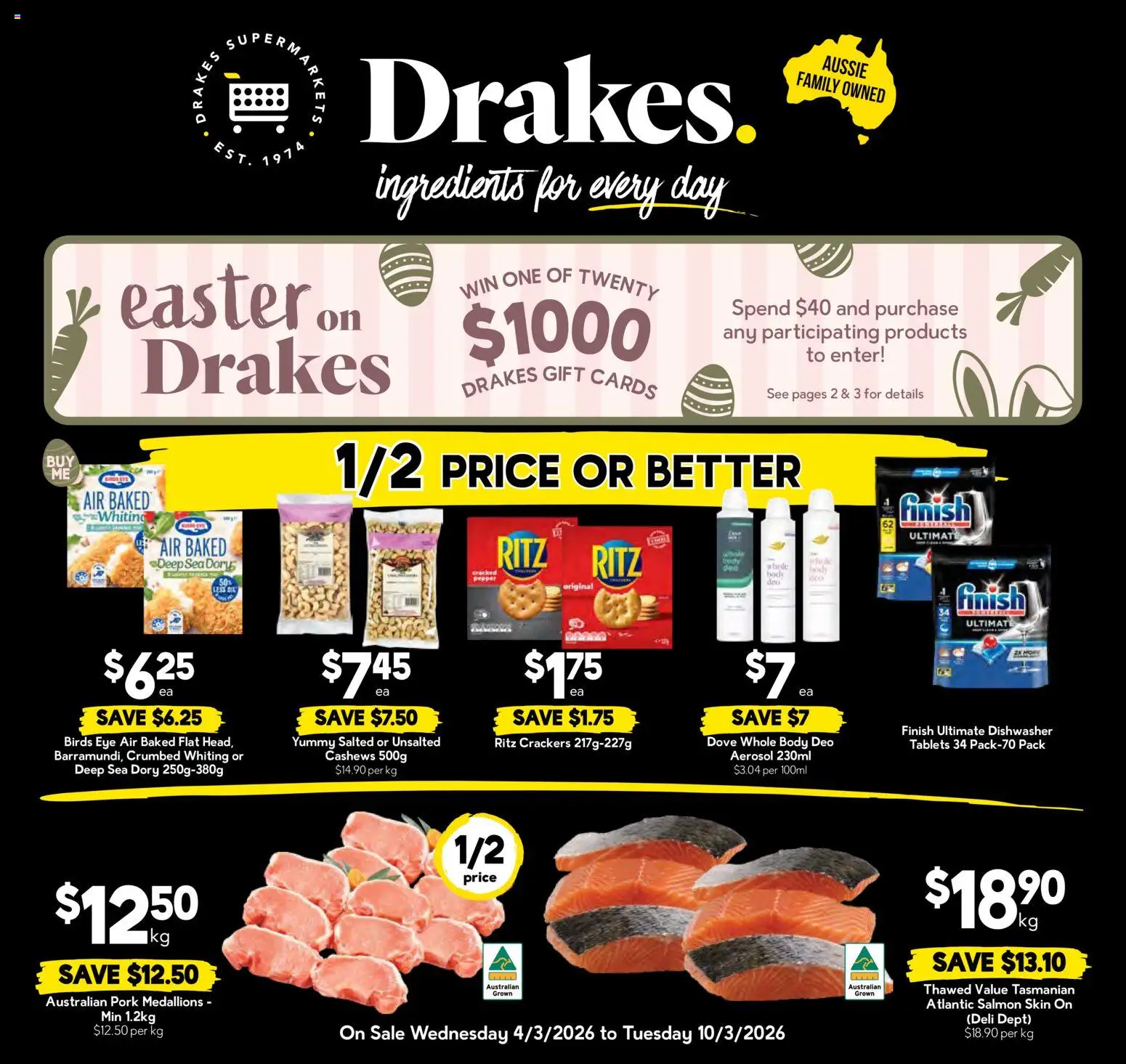 Drakes catalogue - valid from 04.03.2026 | Page: 1 | Products: Pork, Salmon, Dishwasher, Tablets