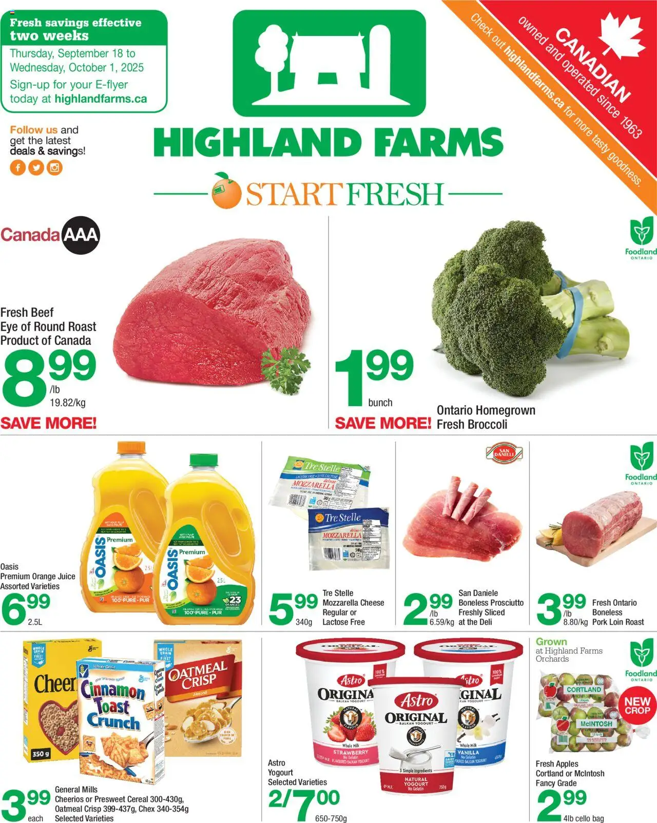 Highland Farms flyer valid from 18.09.2025 | Page: 1 | Products: Bag, Milk, Juice, Pork