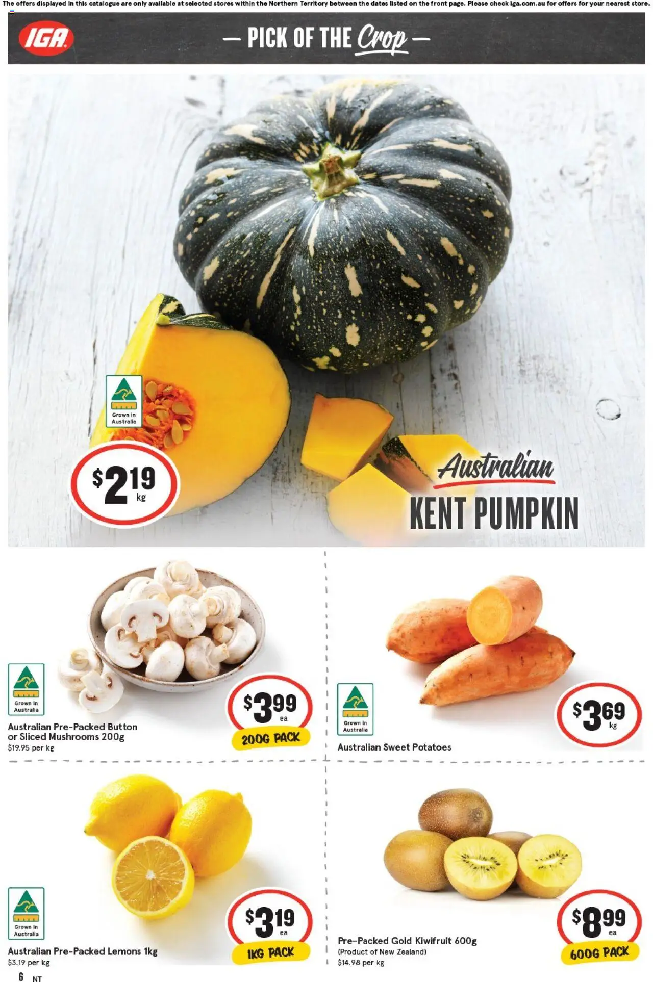 IGA catalogue - valid from 17.09.2025 | Page: 6 | Products: Mushrooms, Kiwifruit, Potatoes, Pumpkin